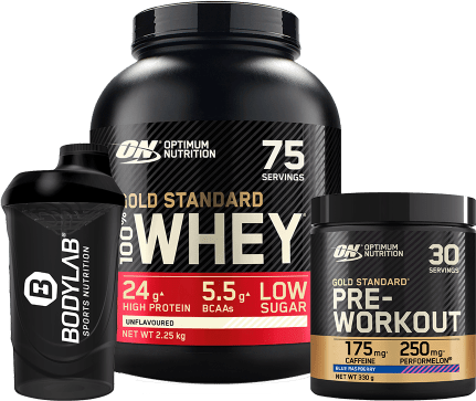 100% Whey Gold Standard (2270g) + Gold Standard Pre-Workout (330g) + Bodylab24 Shaker GRATIS!
