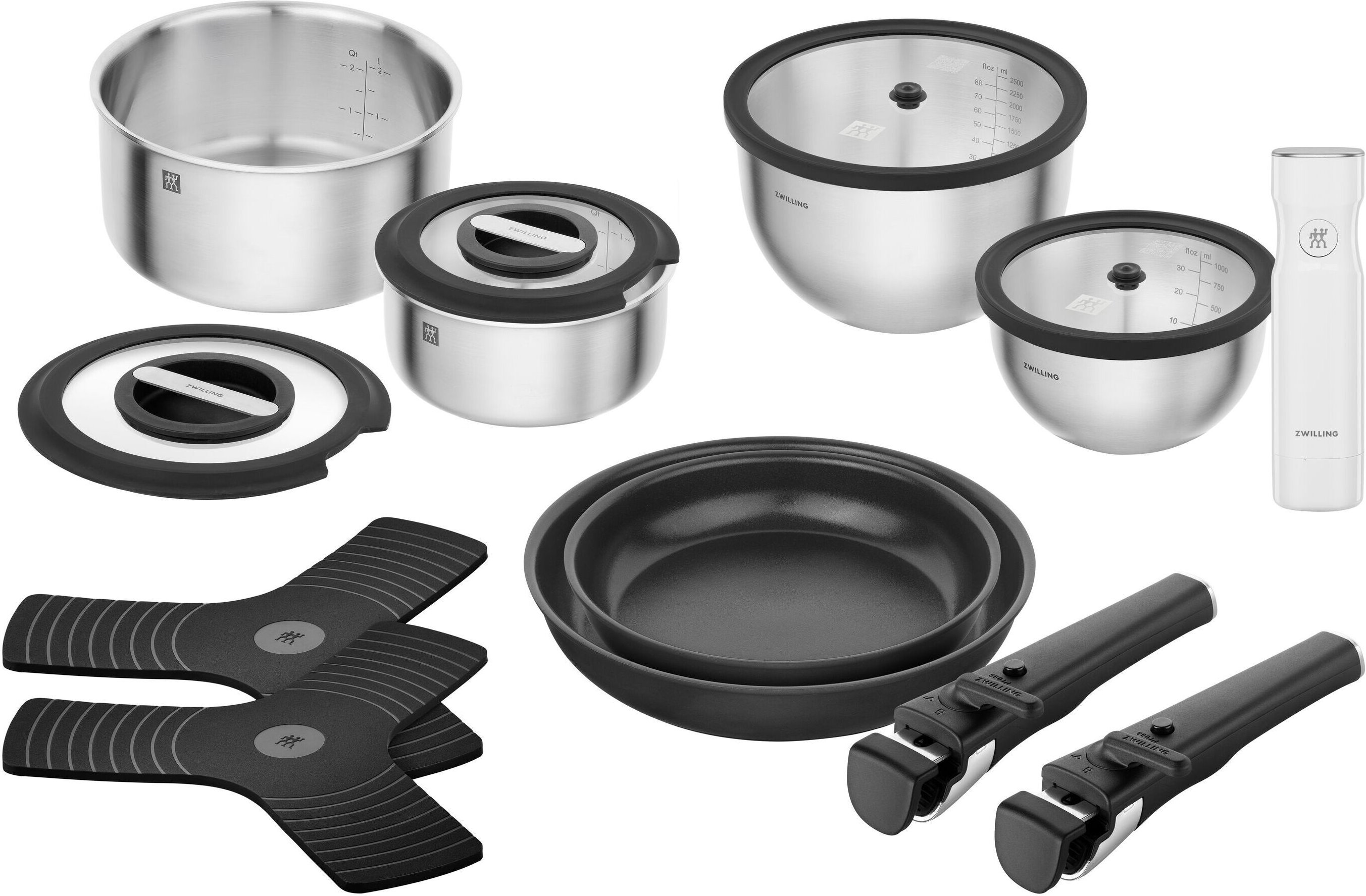 ZWILLING UNLOCK Starter-Set mit Pfannen, Töpfen, Deckeln, Griffen, Vakuumpumpe und Zubehör, 15-tlg
