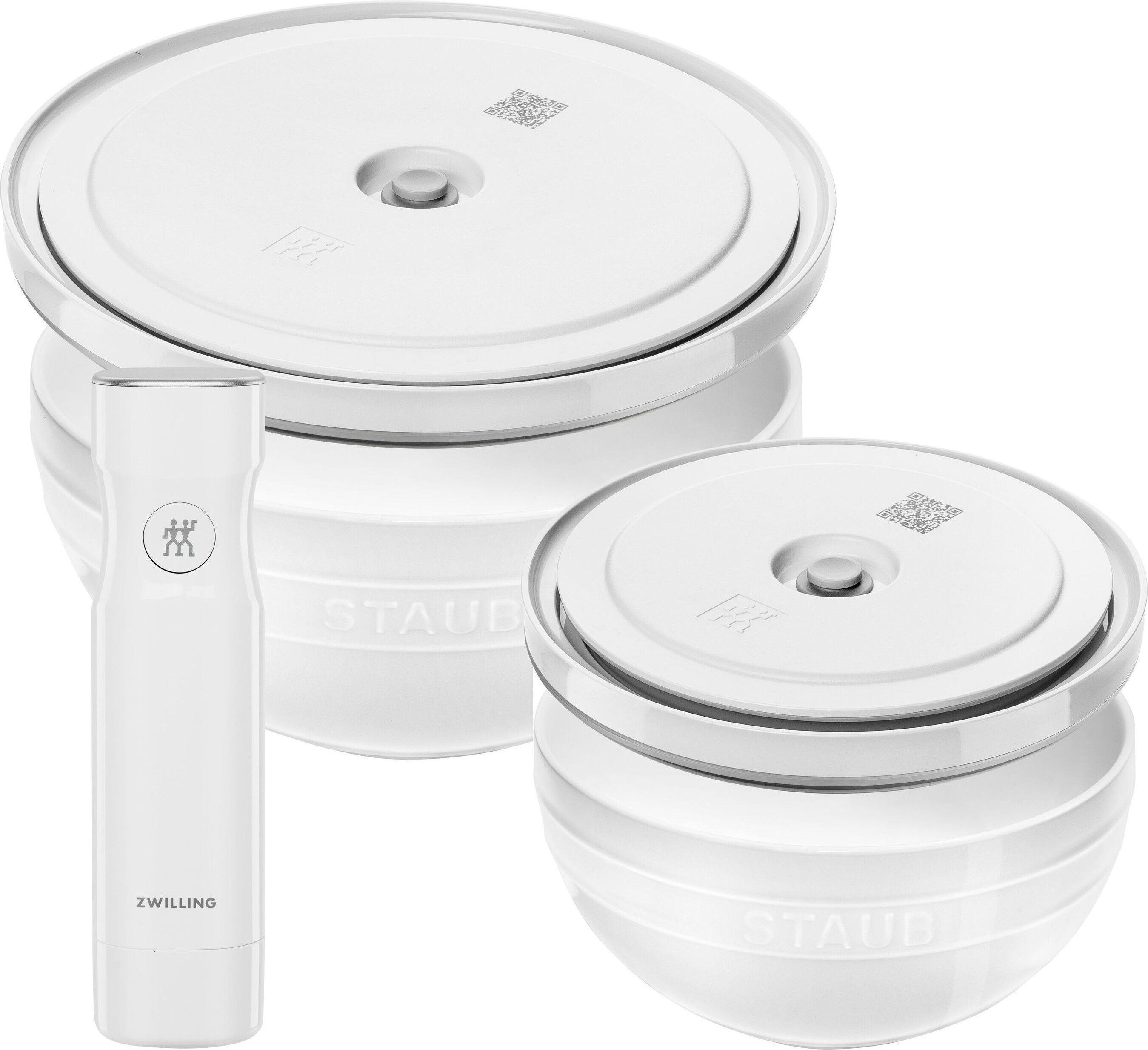 ZWILLING Fresh & Save BOWLS Schüssel-Set mit Vakuumpumpe und -deckeln, 18 cm/ 24 cm/ 5-tlg., Weiß, Keramik