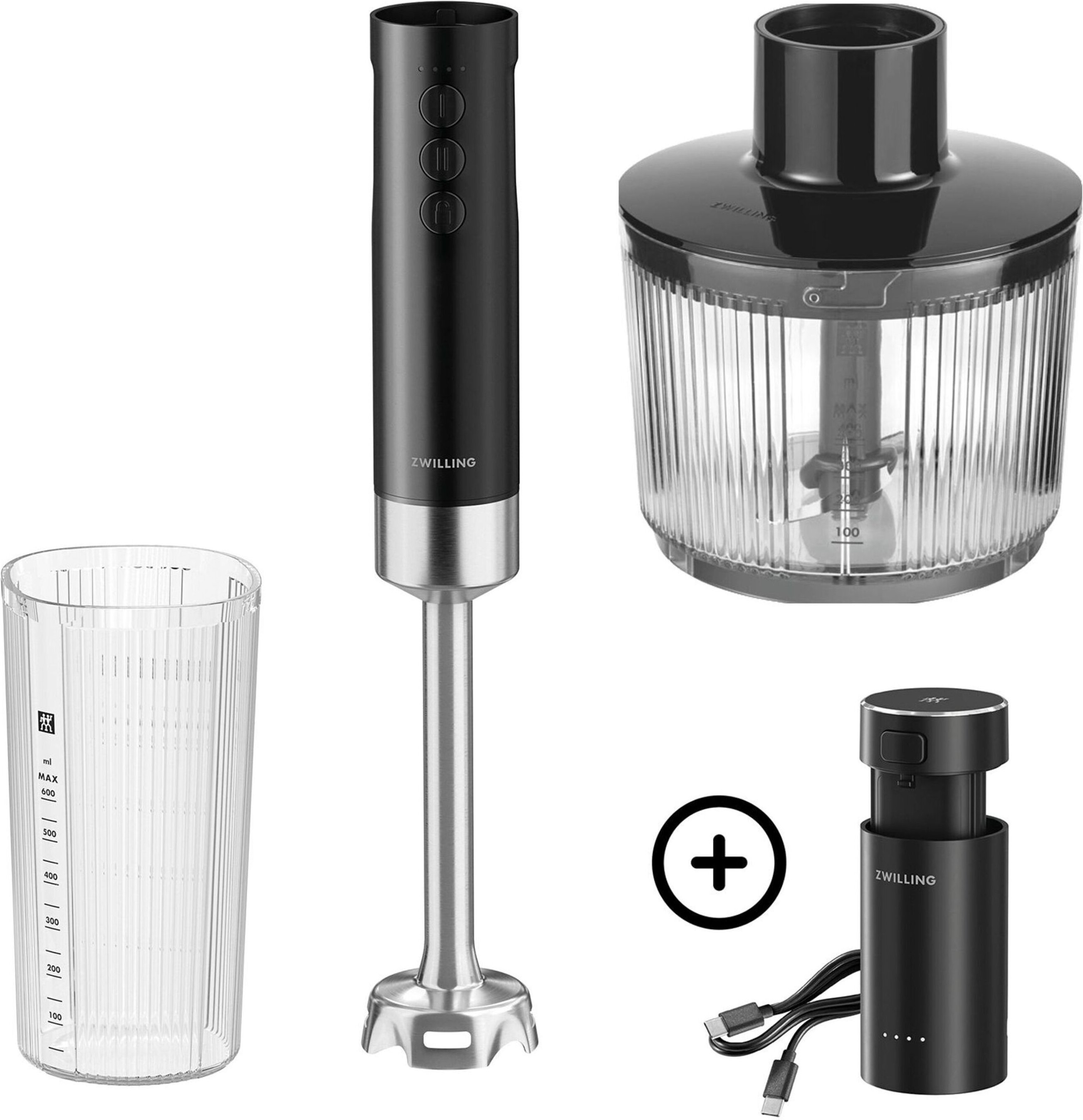 ZWILLING XTEND Kabelloser Stabmixer Starter Set mit Ladestation und Zerkleinerer, 5-tlg., Schwarz