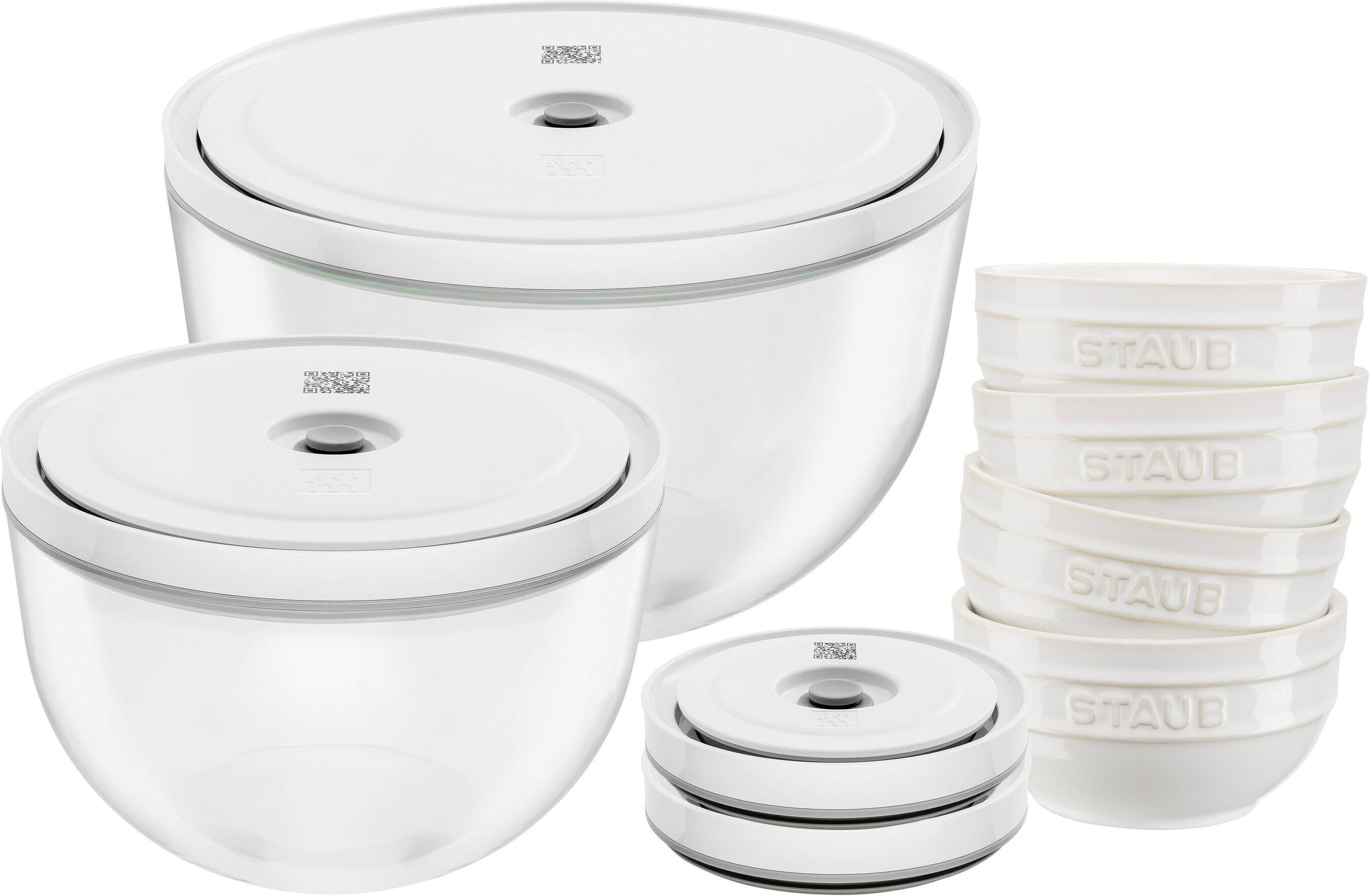 ZWILLING Fresh & Save Bowls Vakuumschüssel & Deckel Set, 10-tlg. / S/M/L, Elfenbein-Weiß/Transparent, Keramik/Glas