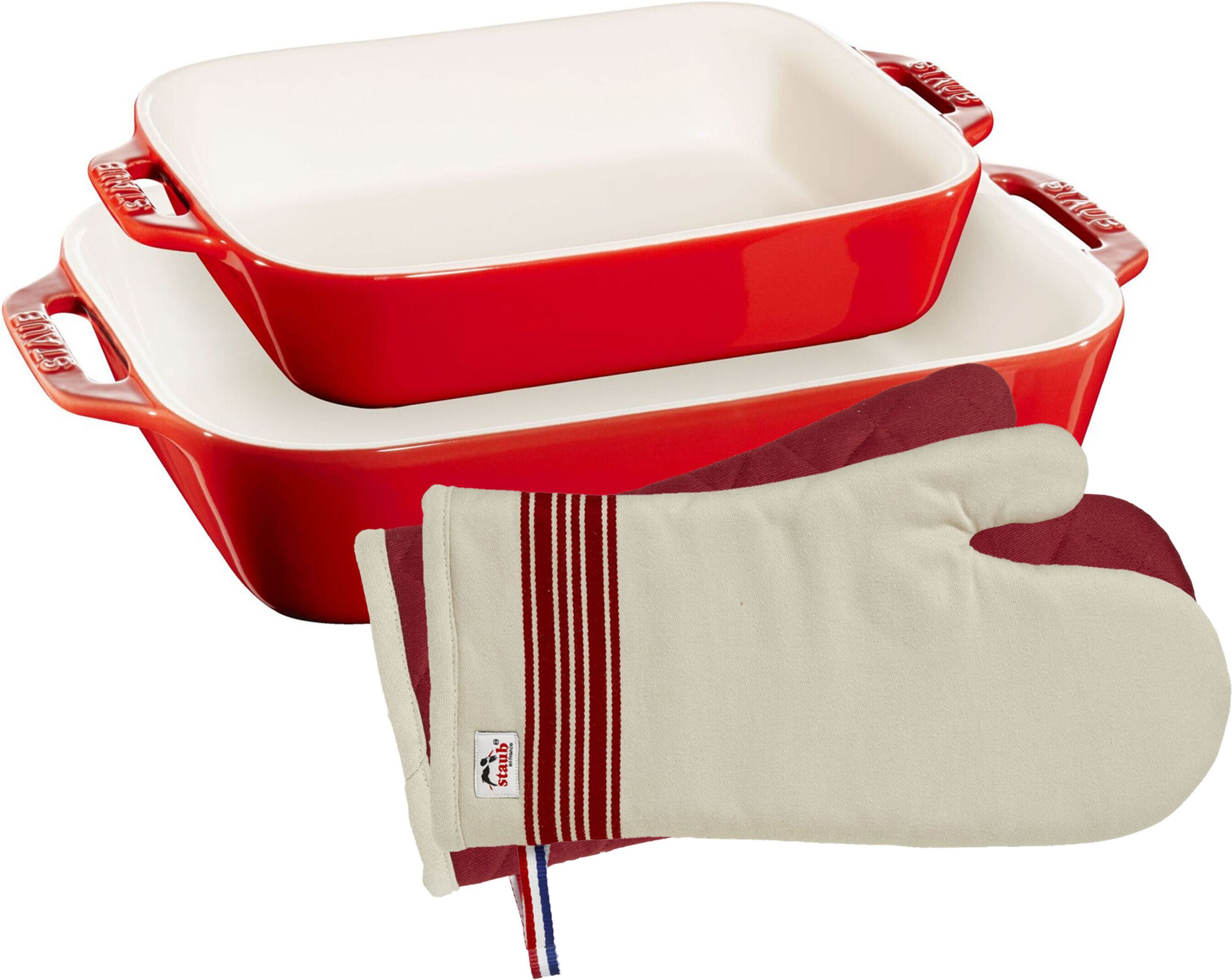 Staub Ofenformen & Ofenhandschuhe Set, 4-tlg. / S/M, Kirsch-Rot, Keramik/Baumwolle