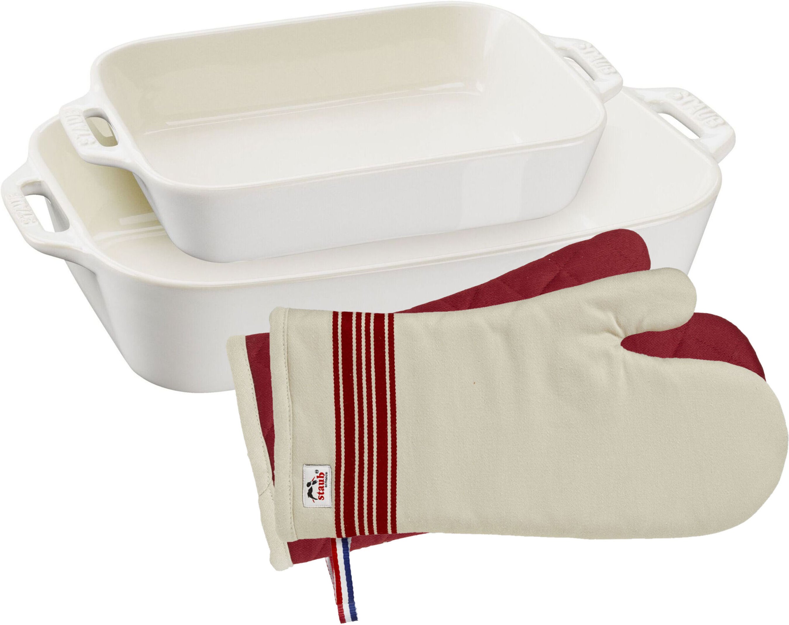 Staub Ofenformen & Ofenhandschuhe Set, 4-tlg. / S/M, Elfenbein-Weiß, Keramik/Baumwolle