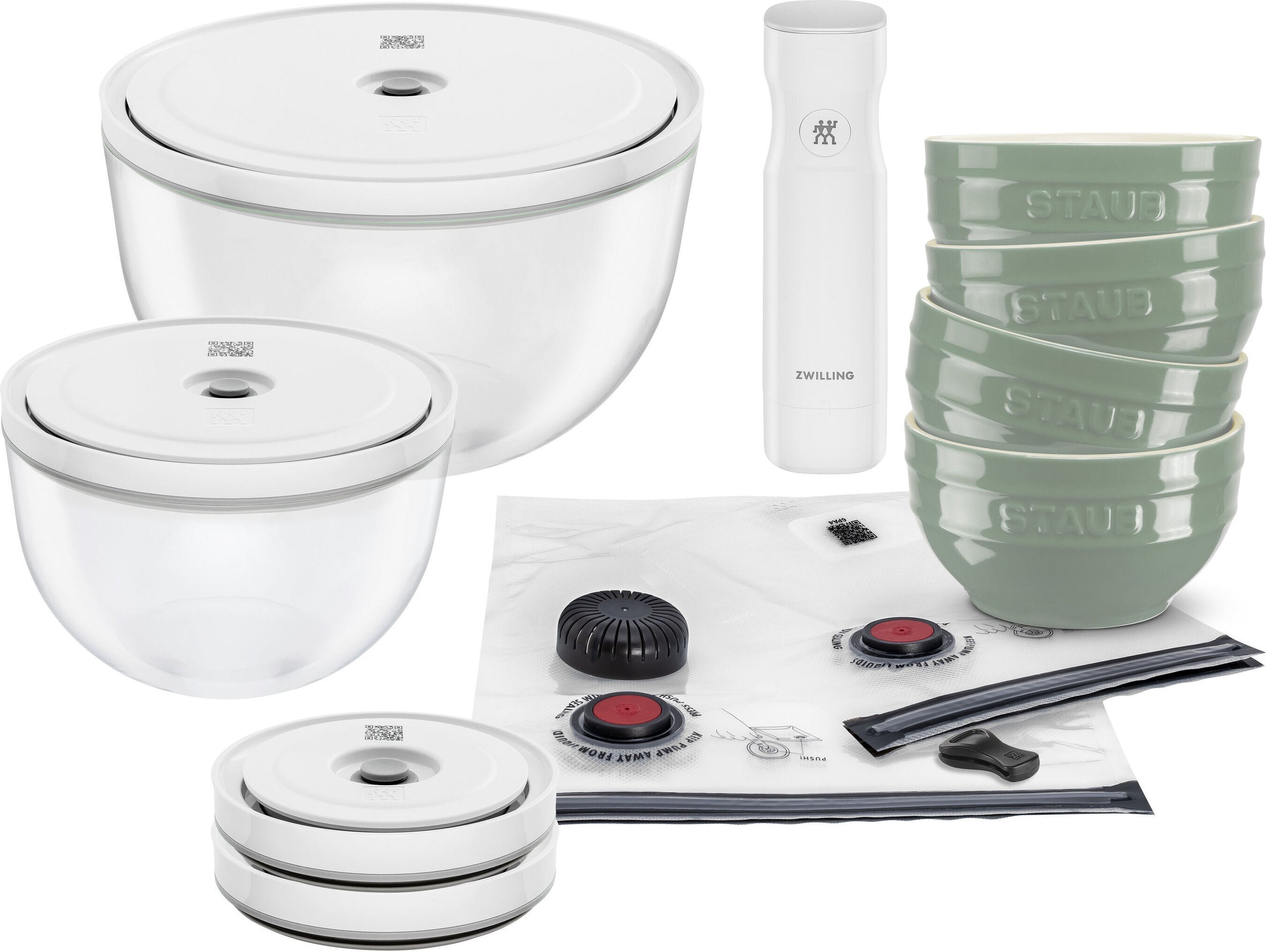 ZWILLING Fresh & Save Bowls Vakuumschüssel Starterset, 15-tlg. / S/M/L, Eukalyptus/Transparent, Keramik/Glas