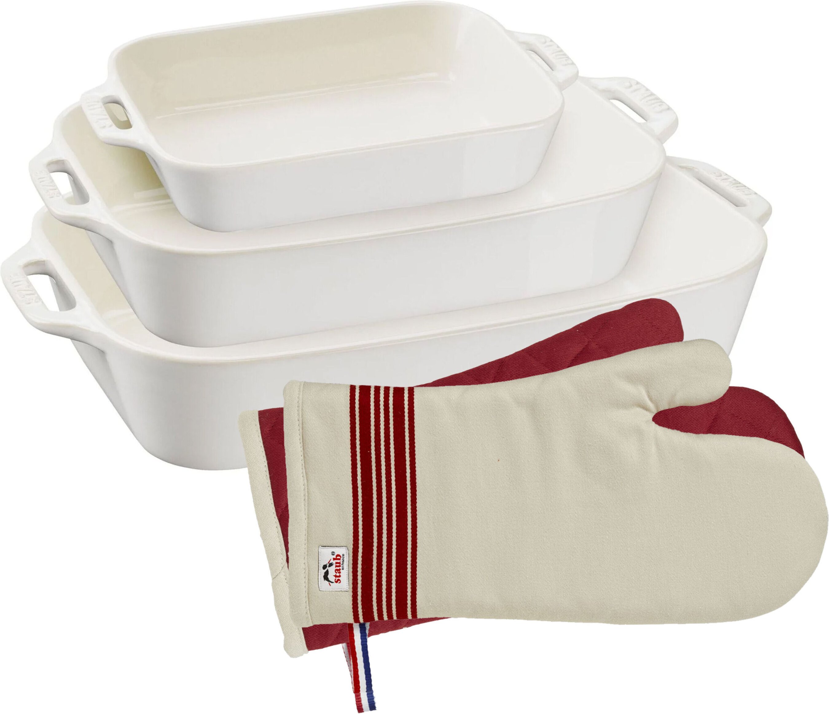 Staub Ofenformen & Ofenhandschuhe Set, 5-tlg. / S/M/L, Elfenbein-Weiß, Keramik/Baumwolle