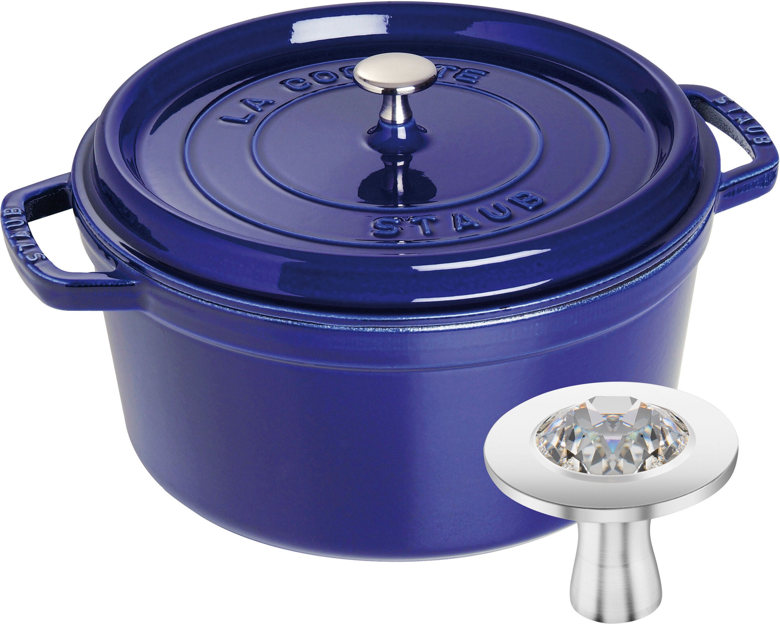 Staub Cocotte & Knauf mit Kristall von Swarovski Set, 2-tlg. / 28cm, Dunkelblau, Gusseisen