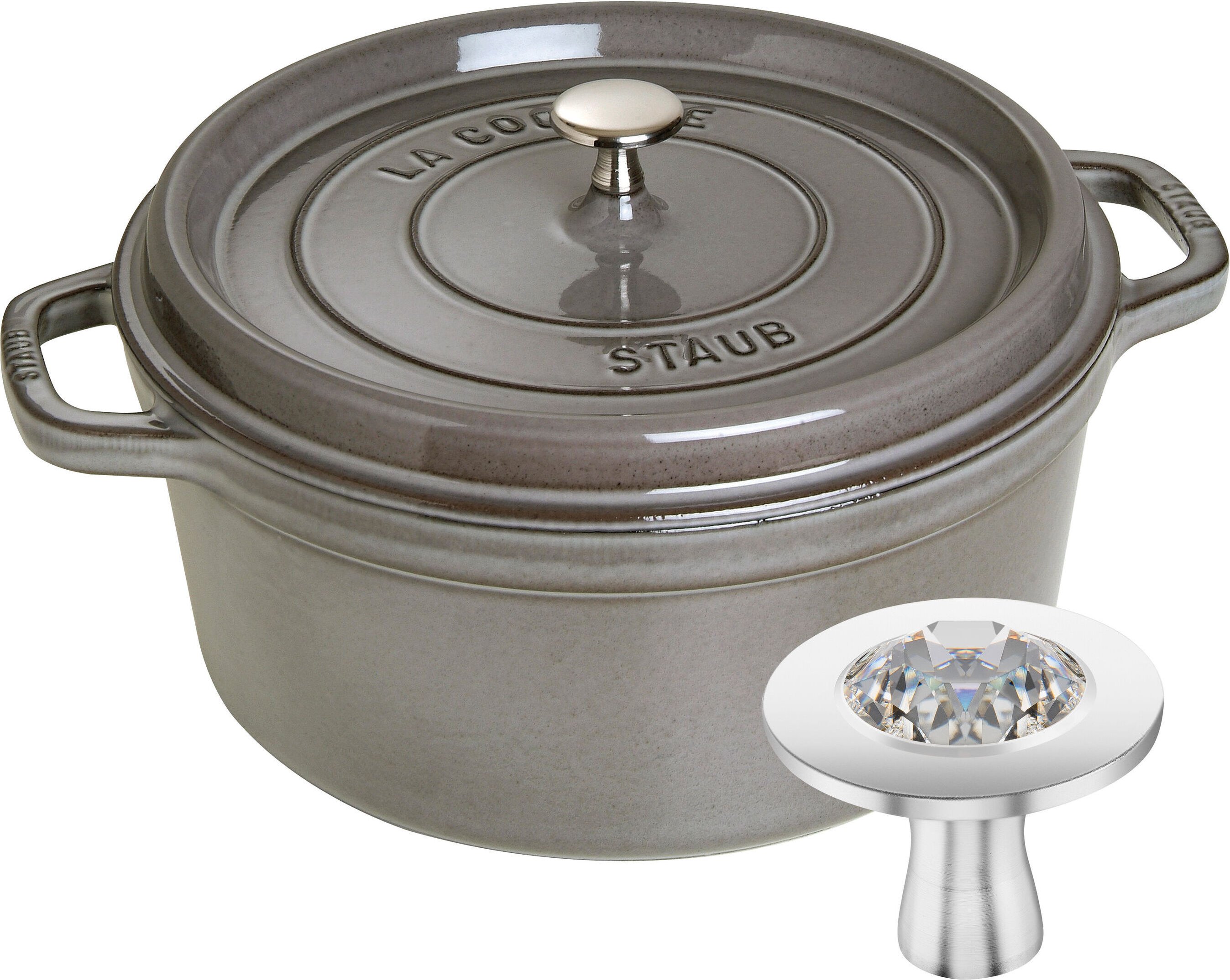 Staub Cocotte & Knauf mit Kristall von Swarovski Set, 2-tlg. / 28cm, Graphit-Grau, Gusseisen