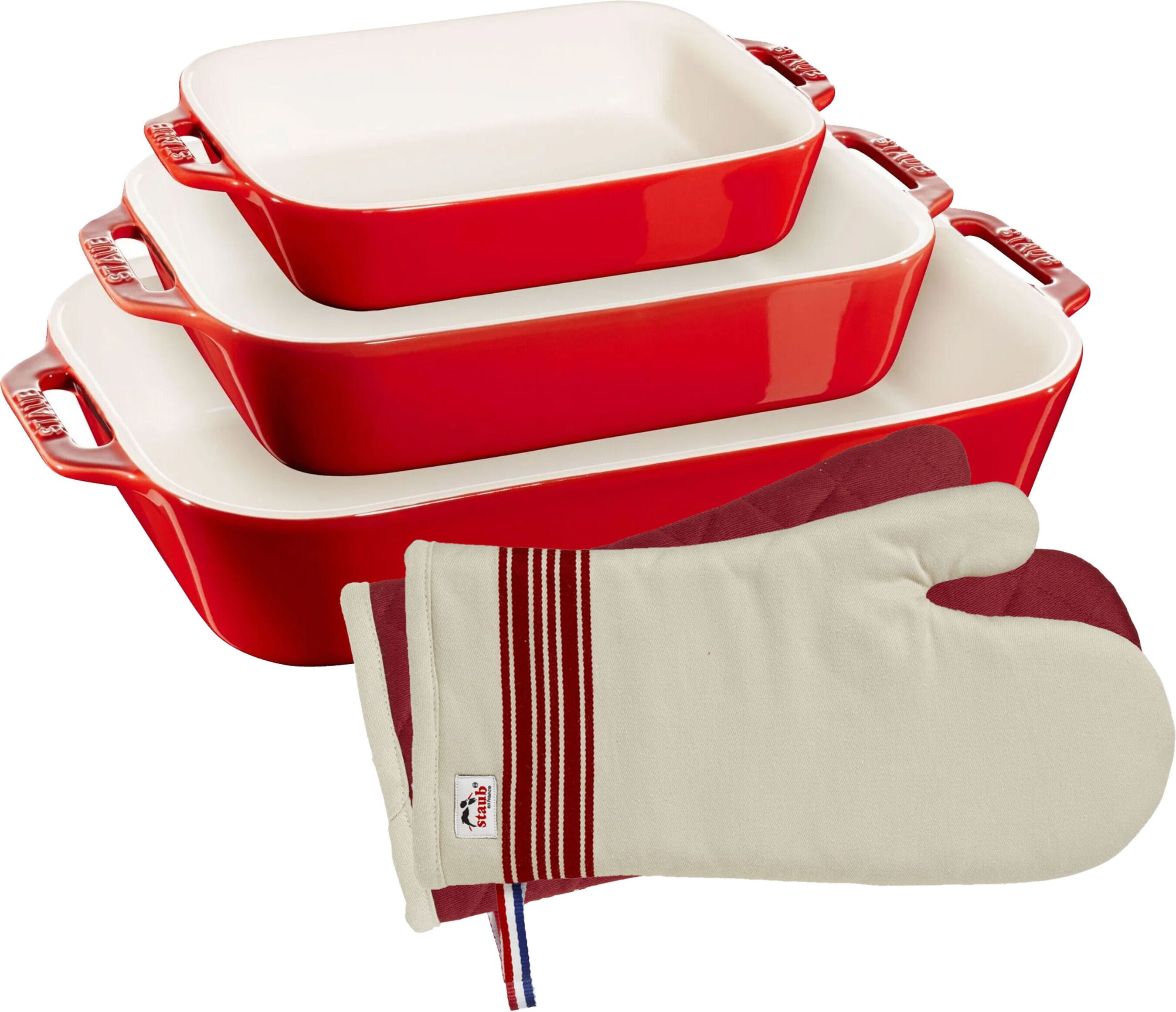 Staub Ofenformen & Ofenhandschuhe Set, 5-tlg. / S/M/L, Kirsch-Rot, Keramik/Baumwolle