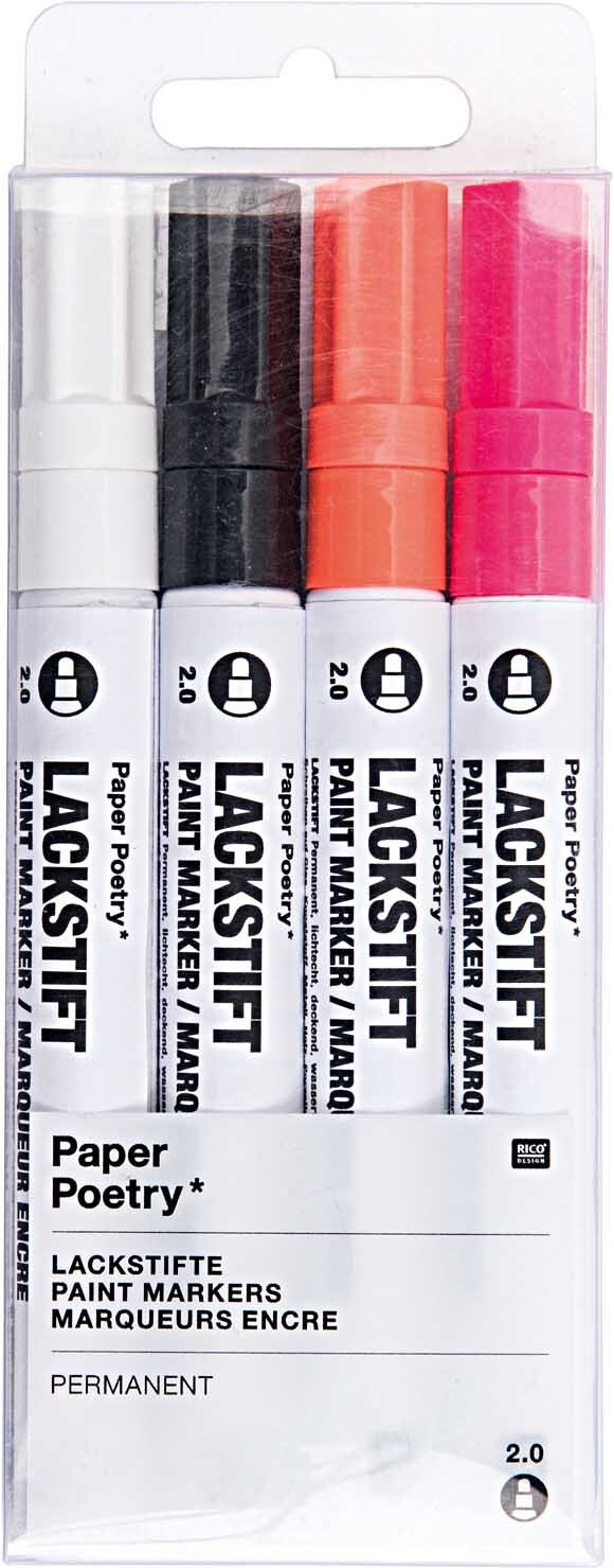 Rico Design Paper Poetry Lackmarkerset neon 2,0mm Weiß, Schwarz, Neon Orange, Neon Pink