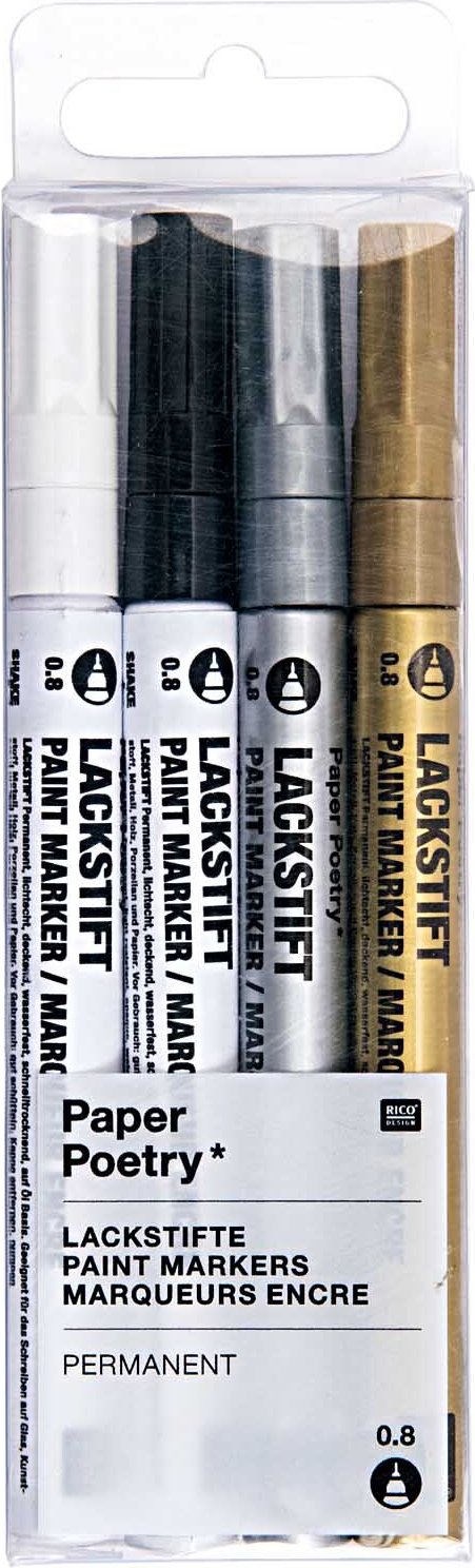 Rico Design Paper Poetry Lackmarkerset Schwarz, Weiß, Gold, Silber
