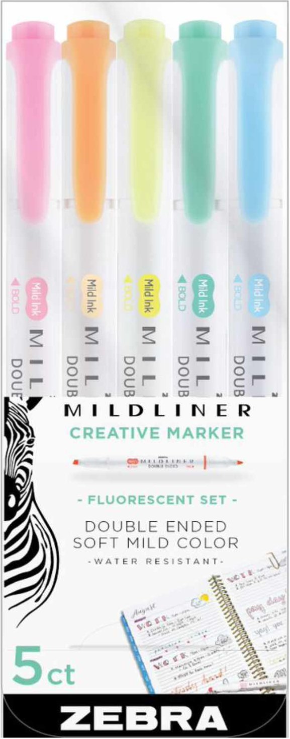 ZEBRA Mildliner Textmarker mit 2 Spitzen Fluorescent Set 5 Stück