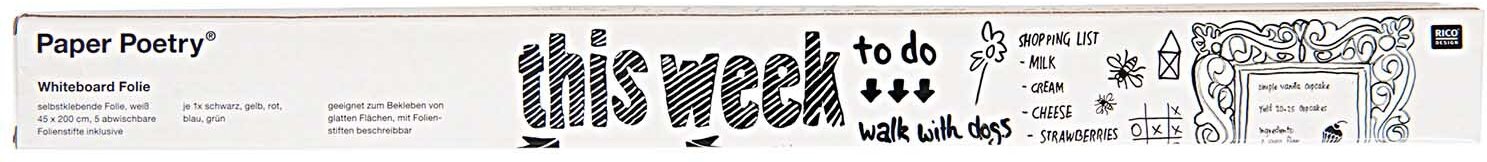 Rico Design Paper Poetry Whiteboardfolie weiß 200x45cm mit 5 Folienstiften Weiß