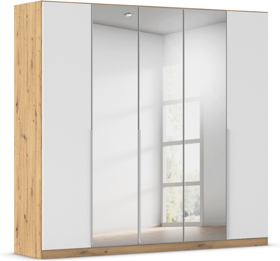 rauch ORANGE Drehtürenschrank Alabama mit Spiegel (Classic-Zubehör, Weiß/Eiche Artisan, Griffe Alu, 226 x 210 cm)