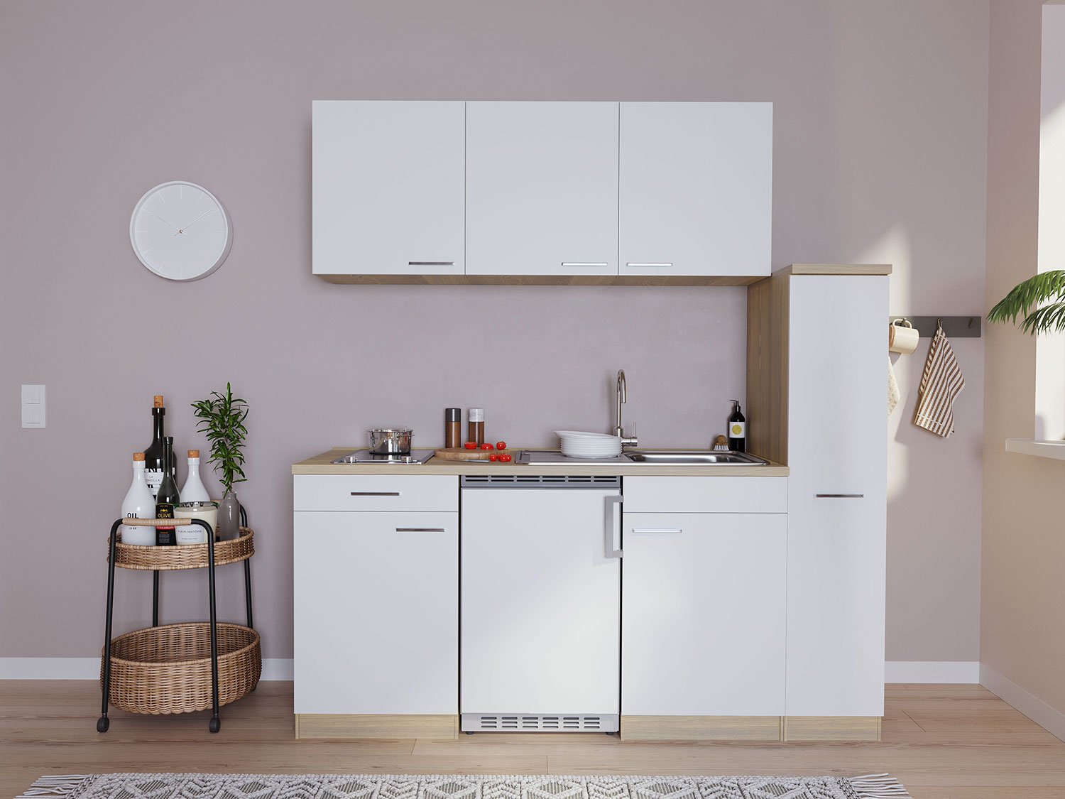 Respekta Singleküche Eiche Sonoma Sägerau 150/160/180cm (ohne Mikrowelle, weiß mit Glaskeramikkochfeld, Breite 180cm)