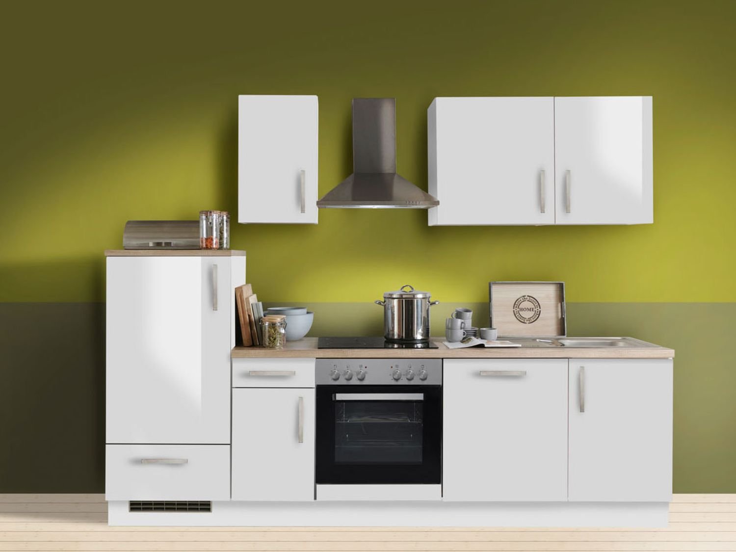 Menke Küchenblock Premium 270/280/300/310cm (mit Geschirrspüler, 270 cm / Weiss glanz, Frei Bordsteinkante)