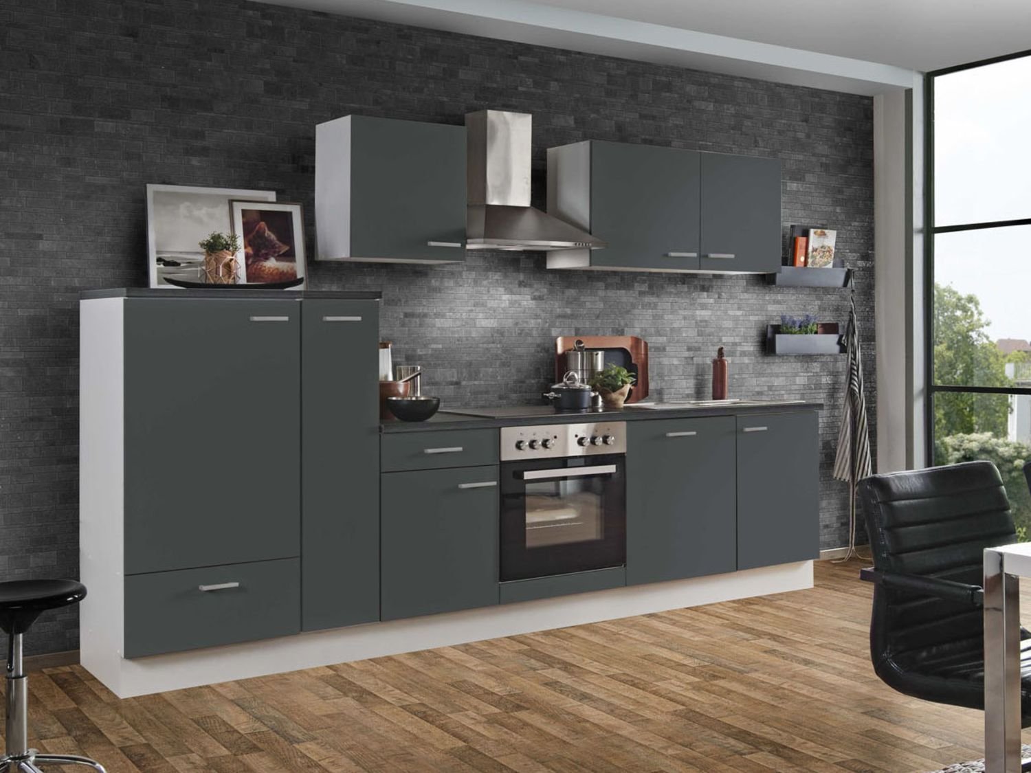 Menke Küchenzeile "Classic" 270/280/300/310 cm (mit Geschirrs, frei Verwendung, Anthrazit, 310 cm)