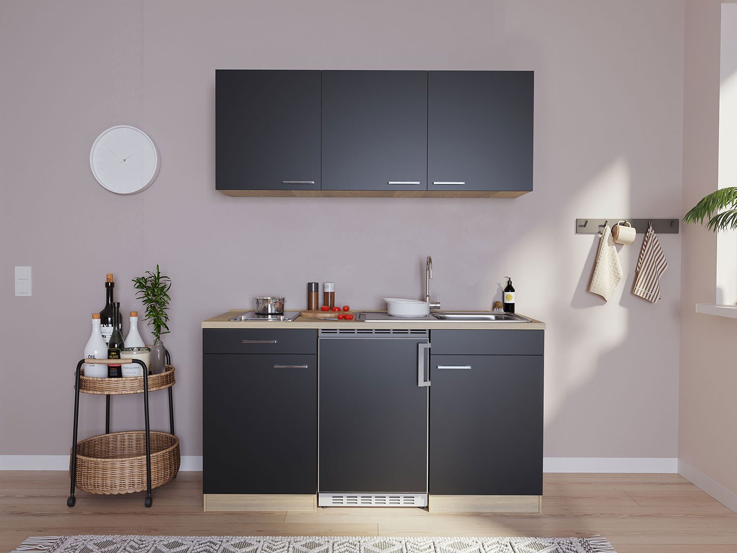 Respekta Singleküche Eiche Sonoma Sägerau 150/160/180cm (ohne Mikrowelle, schwarz / Glaskeramikkochfeld, Breite 150cm)