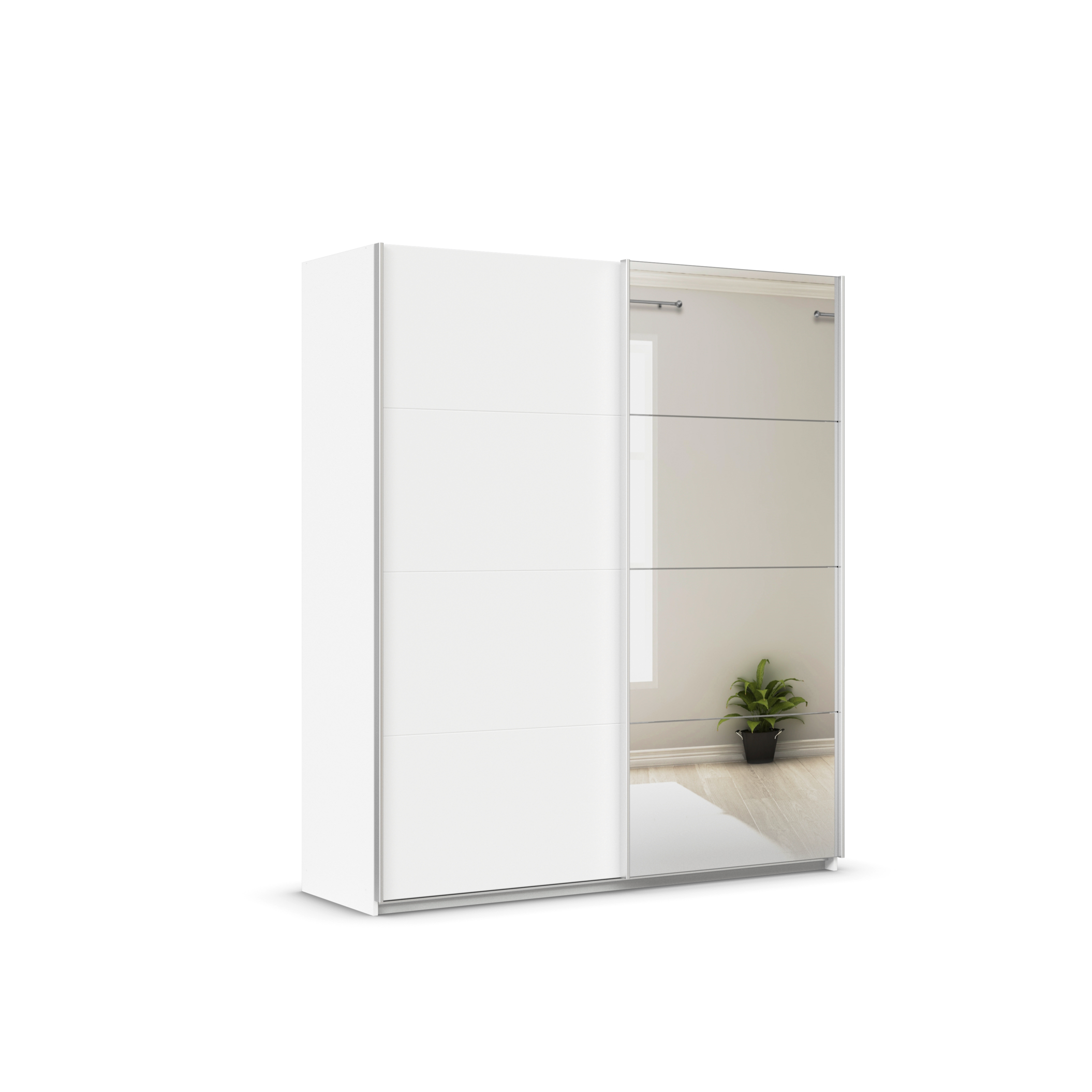 rauch ORANGE Quadra Schwebetürenschrank mit Spiegelelementen (Premium-Zubehör, Korpus: Weiß, 181 x 210 cm)