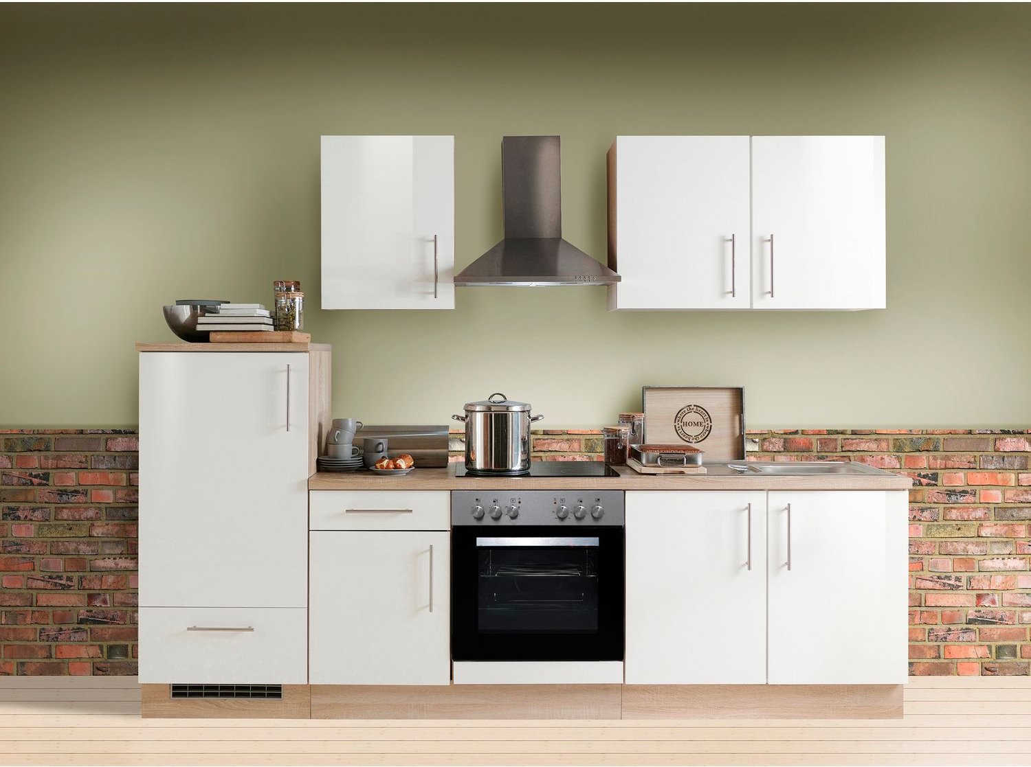 Menke Küchenblock Premium 270/280/300/310cm (ohne Geschirrspüler, 270 cm / Weiss glanz, Frei Bordsteinkante)