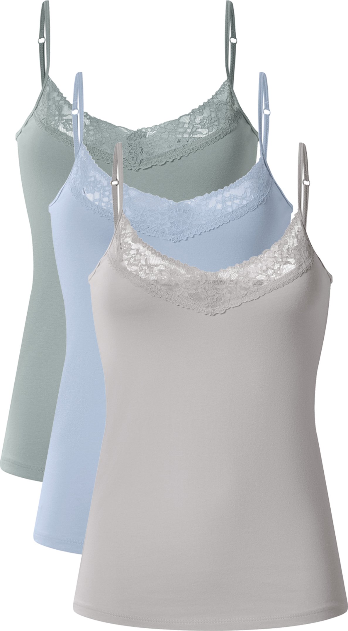 esmara® Damen Spaghettiträgerhemd mit Spitze, 3 Stück (grün/blau/grau, XL(48/50))