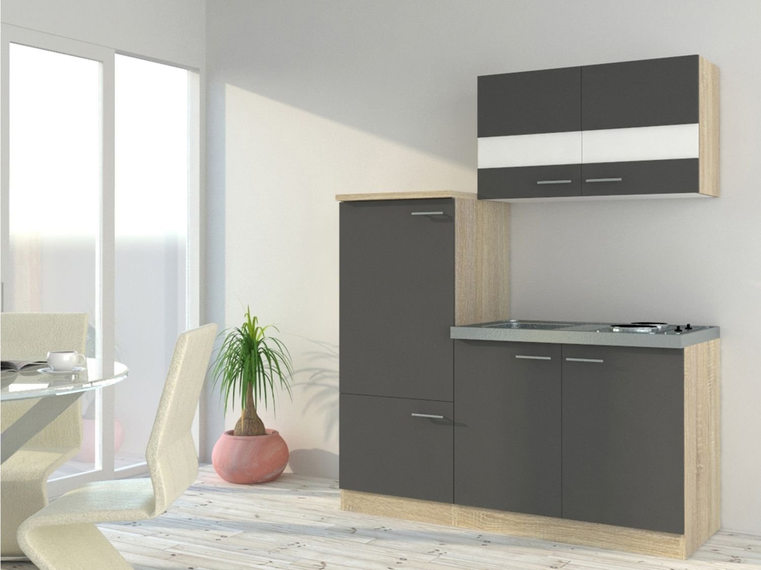 Respekta Singleküche Eiche Sonoma Sägerau 150/160/180cm (ohne Mikrowelle, grau mit Kochmulde, Breite 160cm)