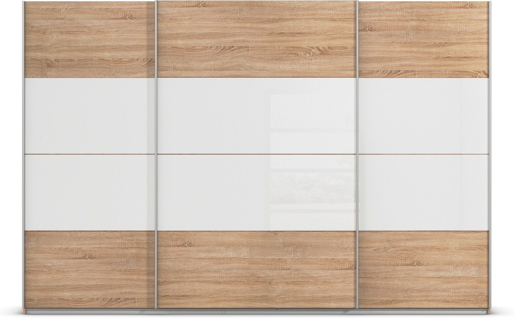 rauch ORANGE Quadra Schwebetürenschrank mit Glaselementen (Basic-Zubehör, Korpus:Eiche, Glas:Weiß, 315 x 210 cm)