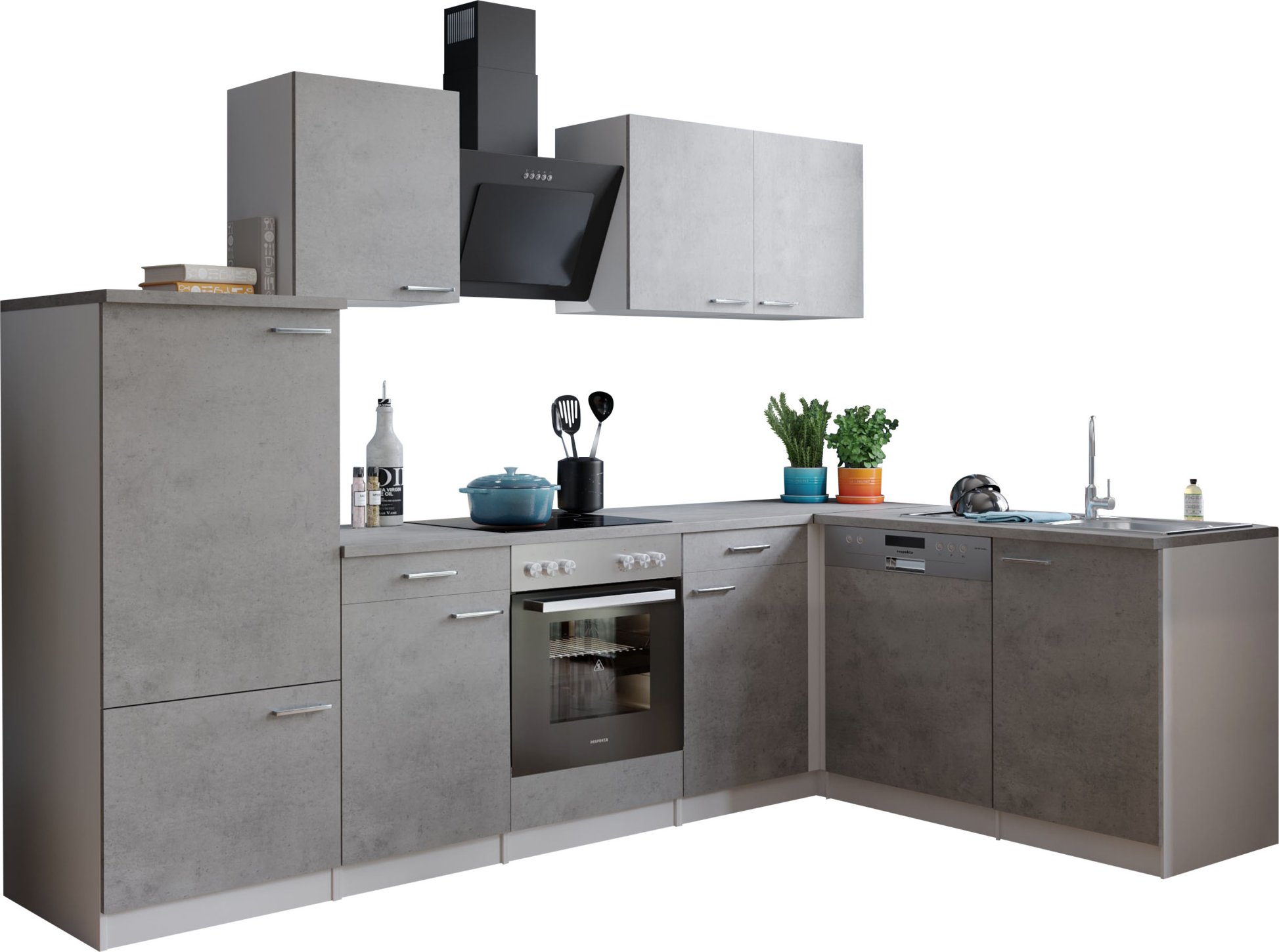 Respekta Malia Winkelküche (Glask.kochf., Kühlschr., GSP, Beton, 280 x 172 cm)