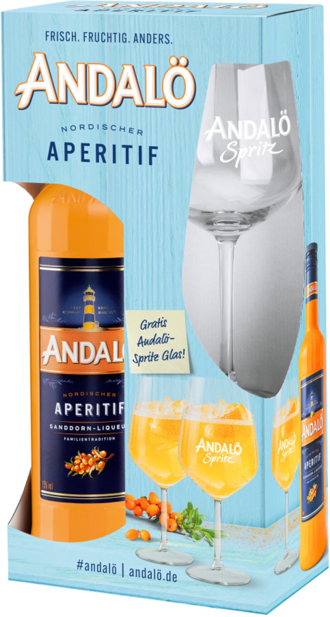 Andalö Nordischer Aperitif Sanddornlikör mit Geschenkbox und Glas 15% Vol