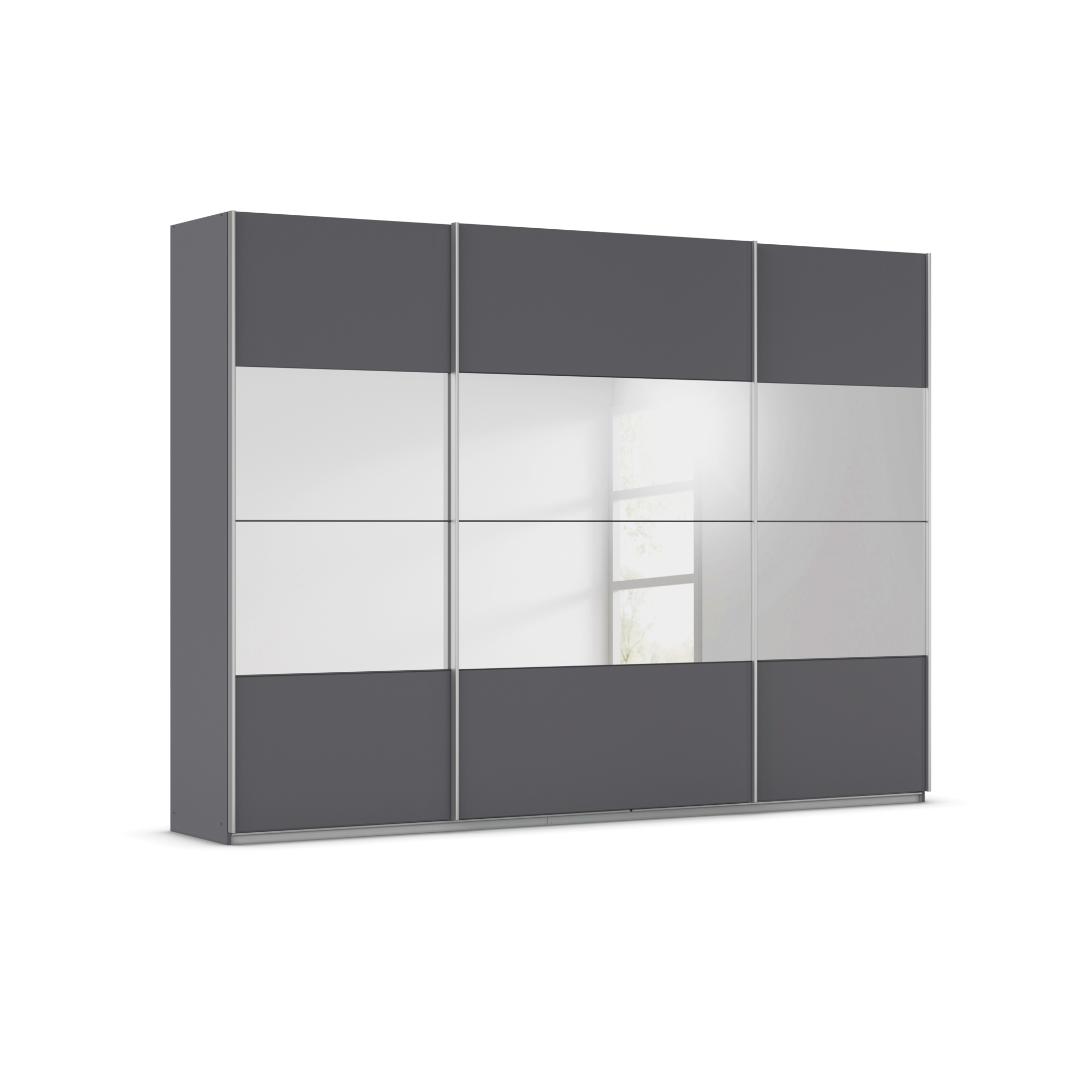 rauch ORANGE Quadra Schwebetürenschrank mit Spiegelelementen (Premium-Ausstattung, Korpus: Graumetallic, Breite: 315cm/H...