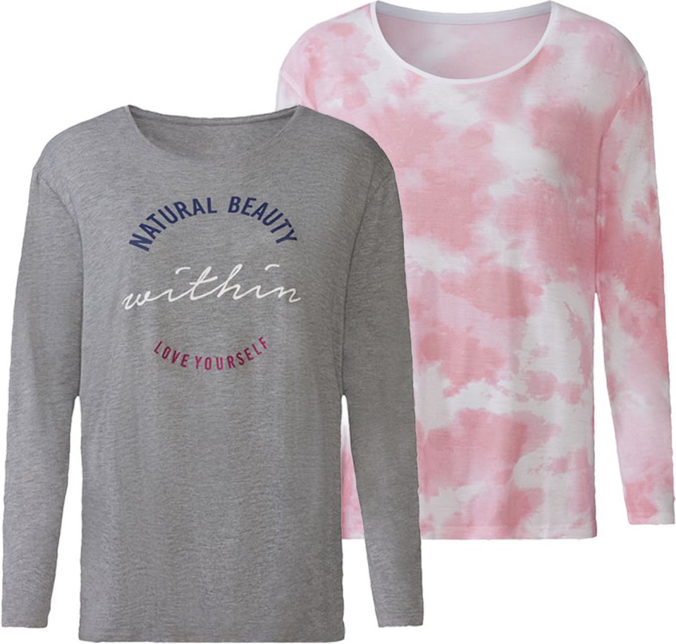 esmara® Damen Langarmshirts 2er (XS(32/34), grau/pink)