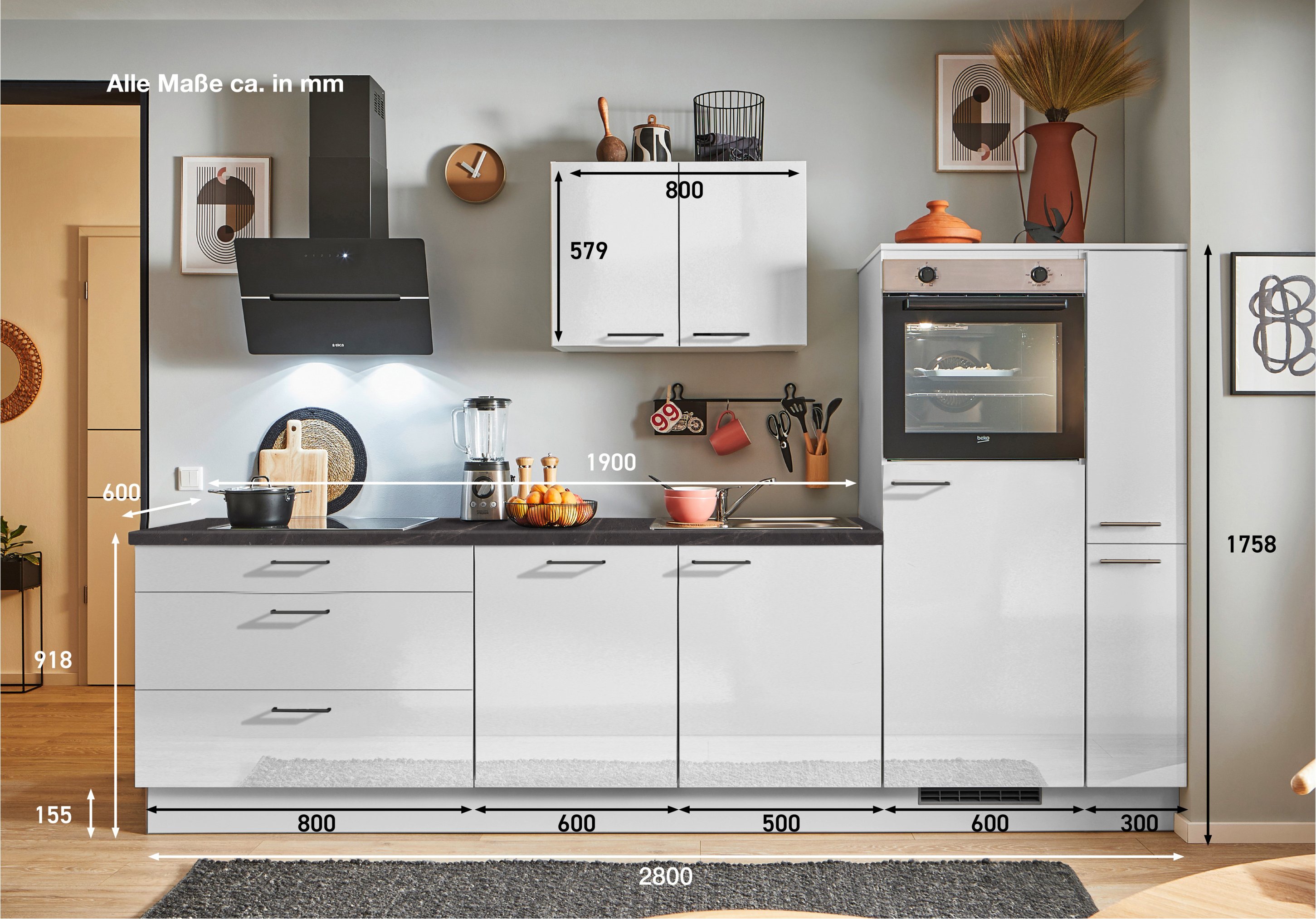 pino Küchen Küchenzeile, 270/280 cm, mit Elektrogeräten (Anschlag rechts, Lichtgrau Hochglanz, 280 cm)