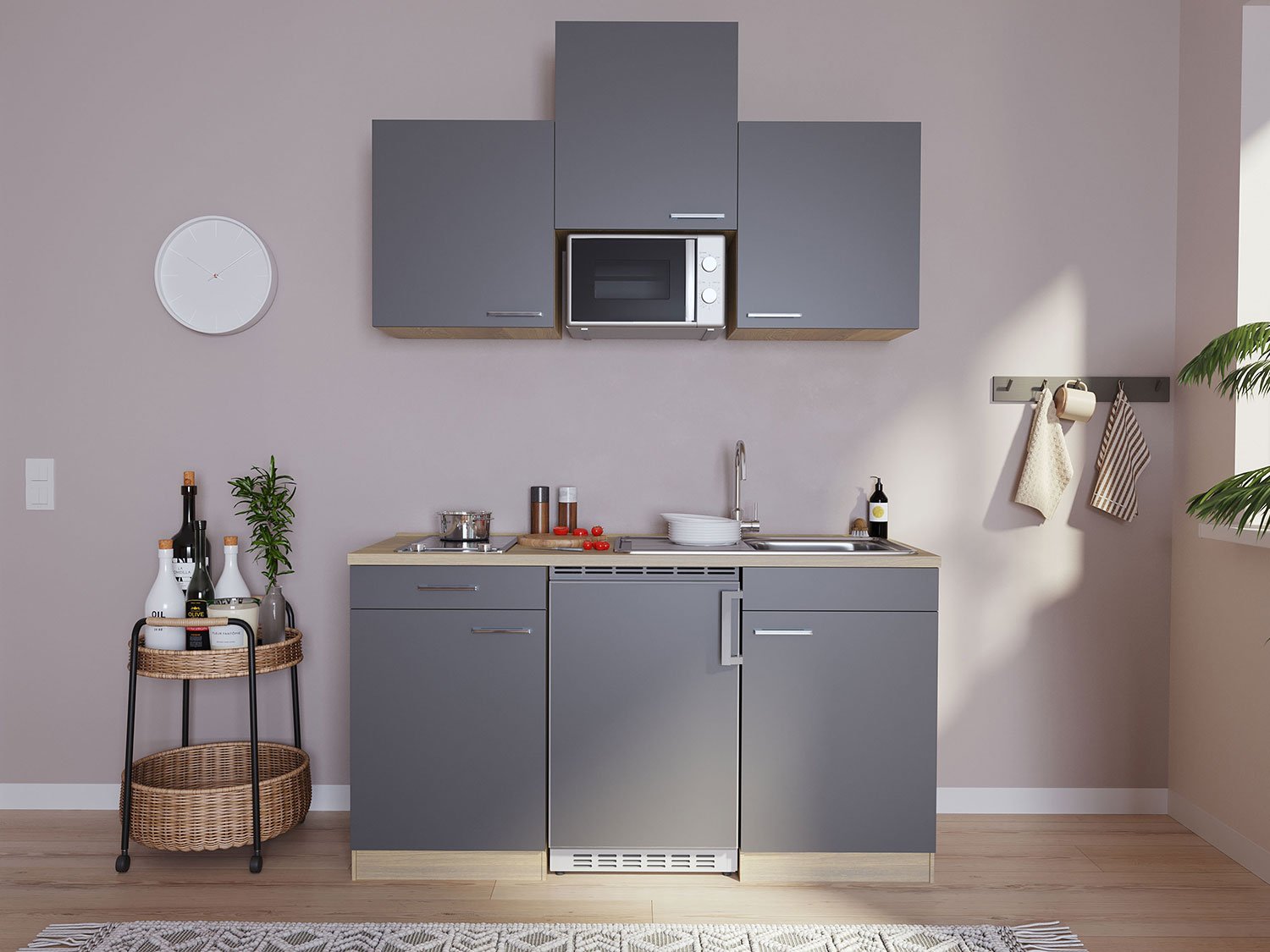 Respekta Singleküche Eiche Sonoma Sägerau 150/160/180cm (mit Mikrowelle, grau mit Glaskeramikkochfeld, Breite 150cm)