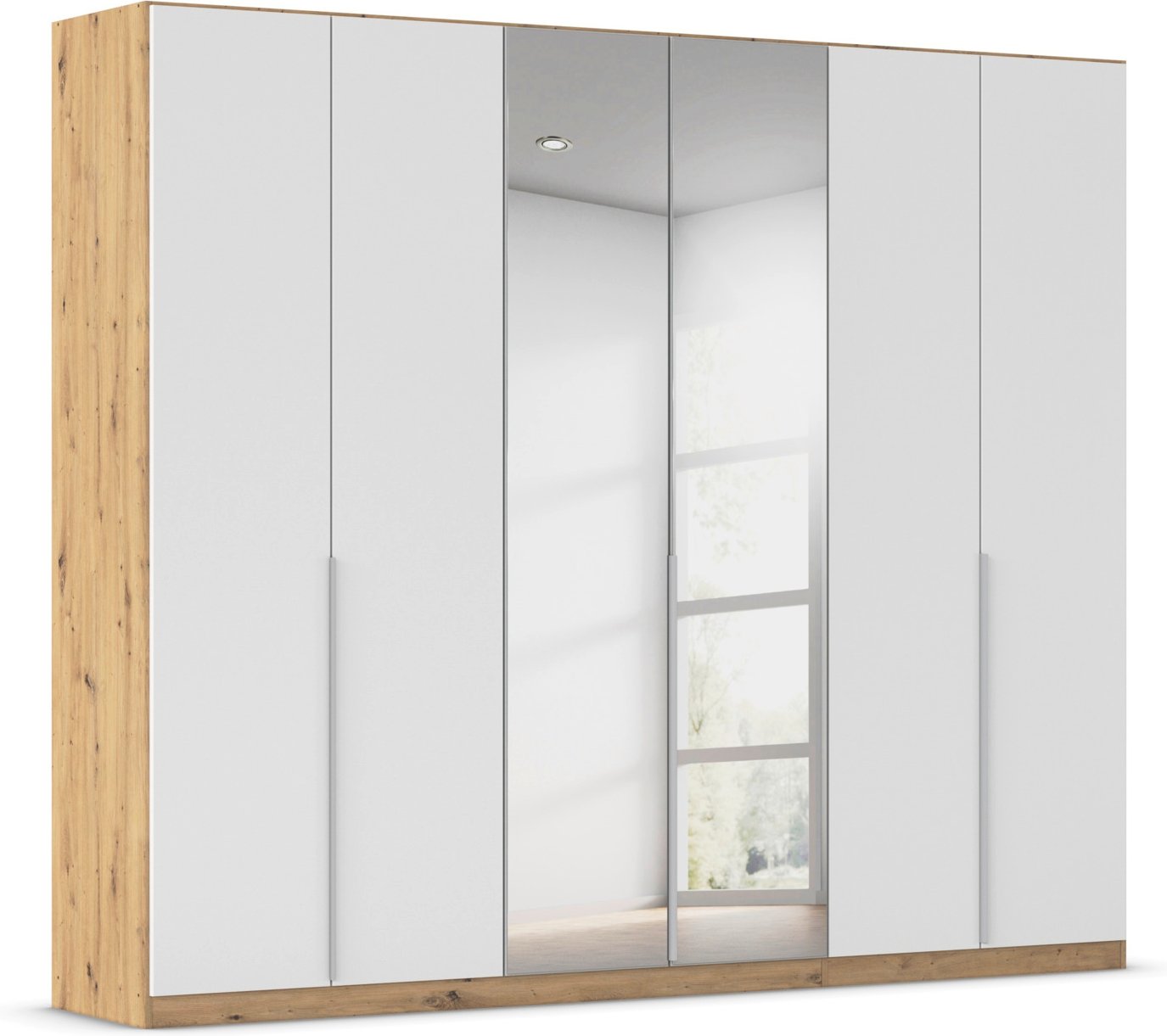 rauch ORANGE Drehtürenschrank Alabama mit Spiegel (Premium-Zubehör, Weiß/Eiche Artisan, Griffe Alu, 271 x 229 cm)