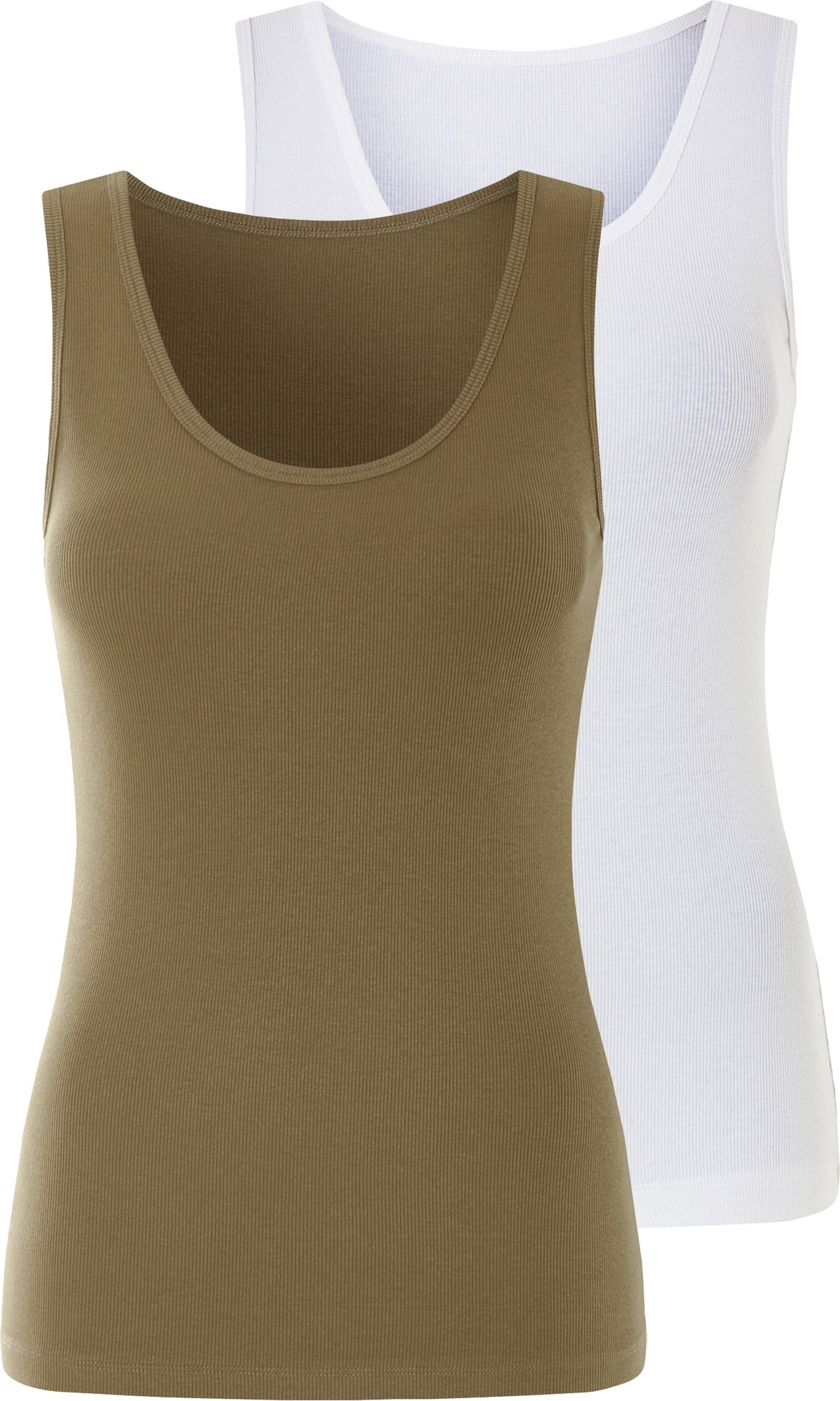 Thumbnail - esmara® Damen Top Rippe, 2 Stück (khaki/weiß, XS(32/34))