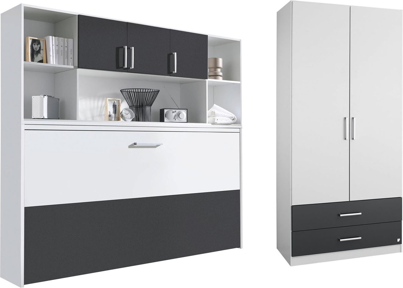 rauch ORANGE ALBERO Querklappbett mit Regalelement und Schrank (Schrank: 2-türig, Alpinweiß, Grau-metallic)