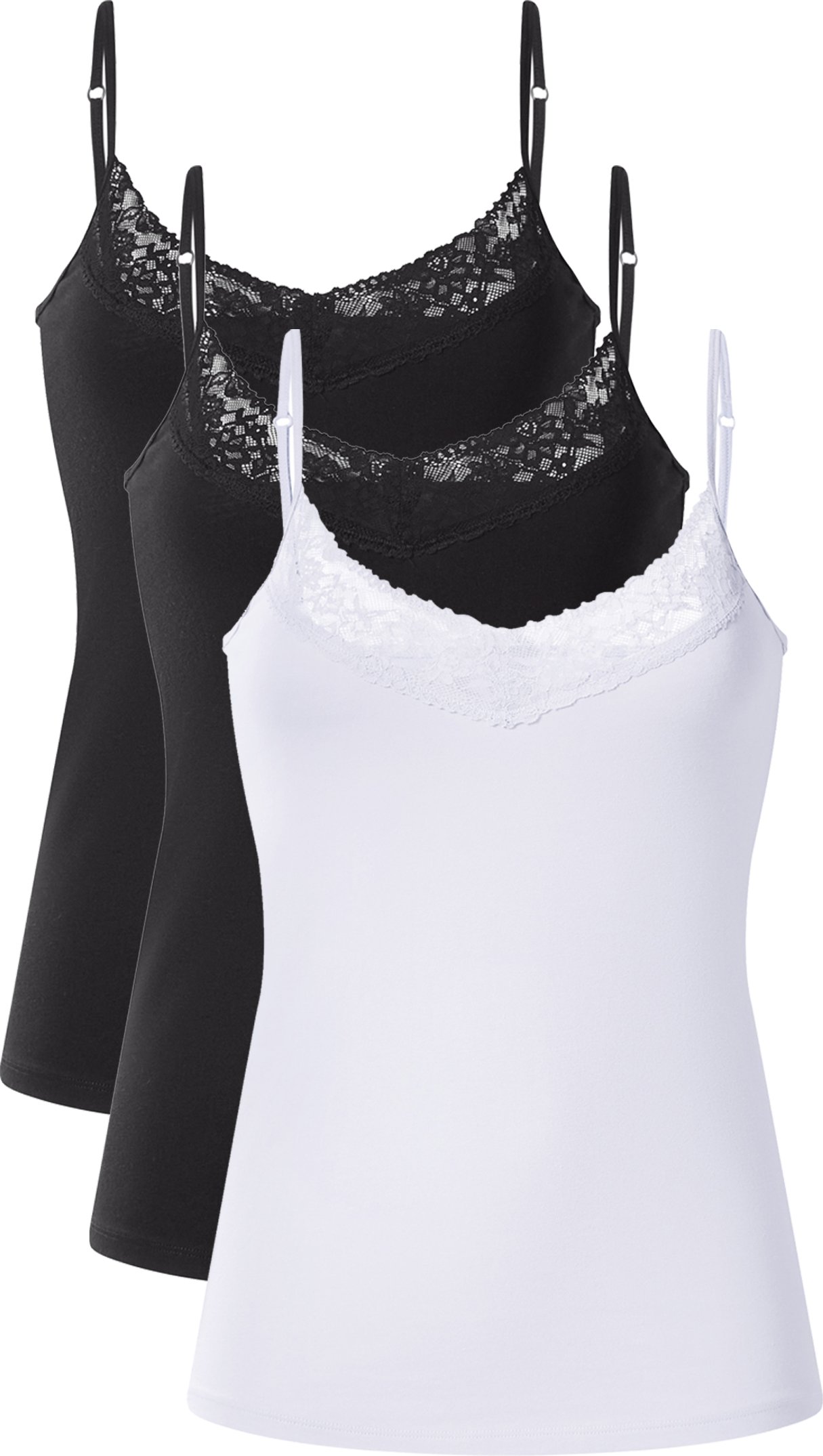 esmara® Damen Spaghettiträgerhemd mit Spitze, 3 Stück (Schwarz/weiß, XS(32/34))
