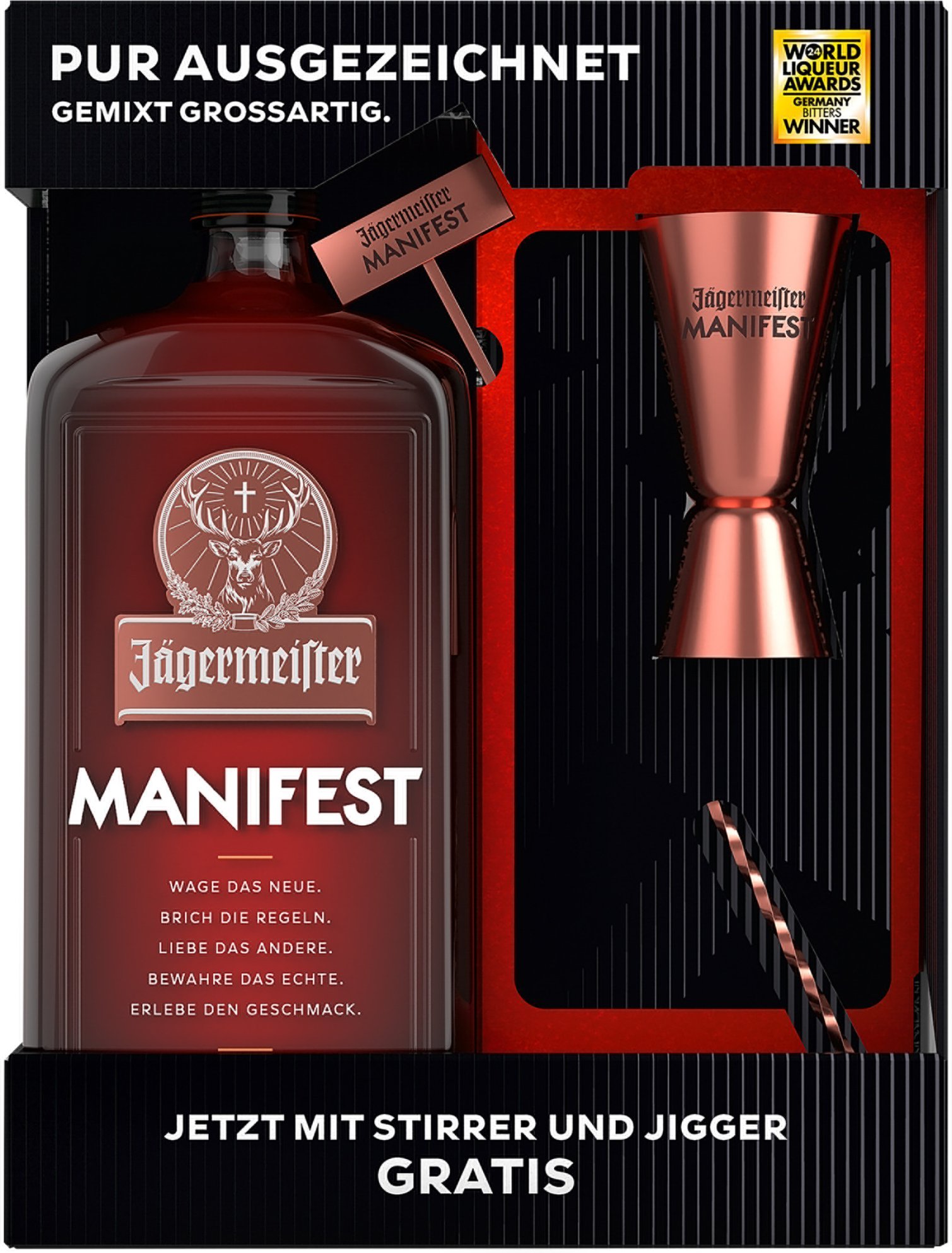Jägermeister Manifest mit Geschenkbox + Stirrer und Jigger 38% Vol