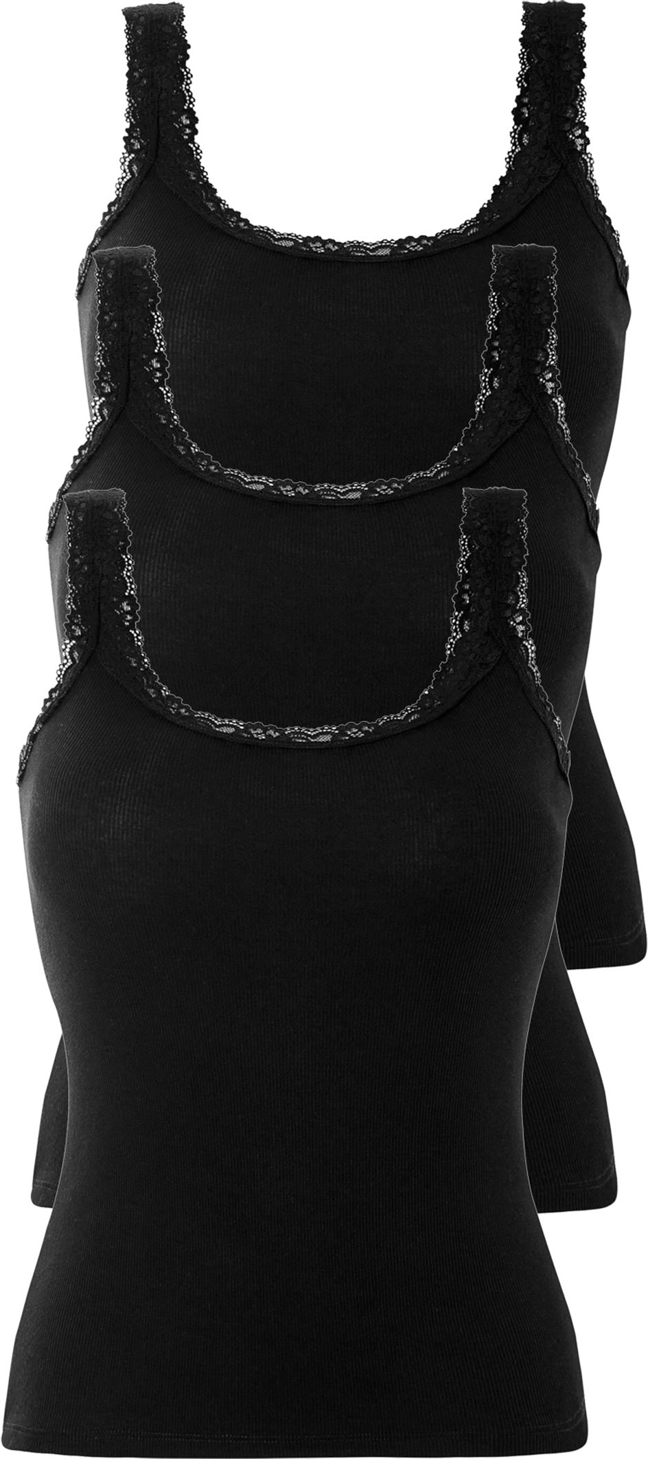 esmara® Damen Ripptop mit Spitze 3-Teilig (Schwarz, S (36/38))