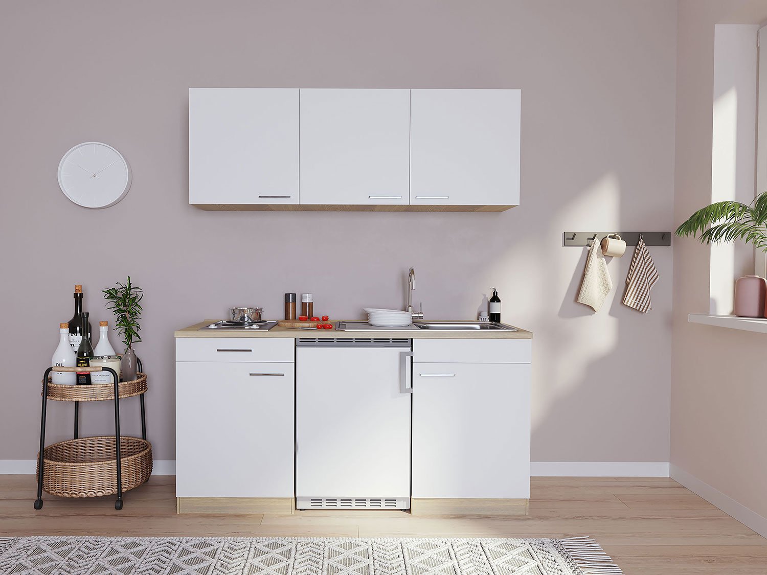 Respekta Singleküche Eiche Sonoma Sägerau 150/160/180cm (ohne Mikrowelle, weiß mit Kochmulde, Breite 150cm)