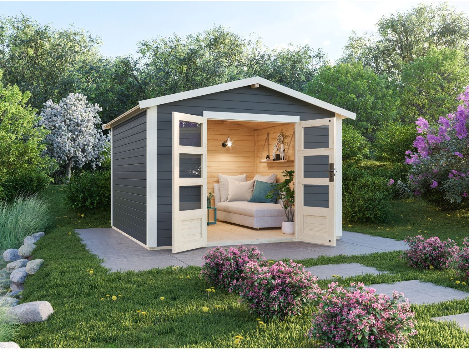 Karibu Carlos Satteldach Gartenhaus (inkl. Boden und Schindeln, terragrau, B 304 x H 238 x T 304)