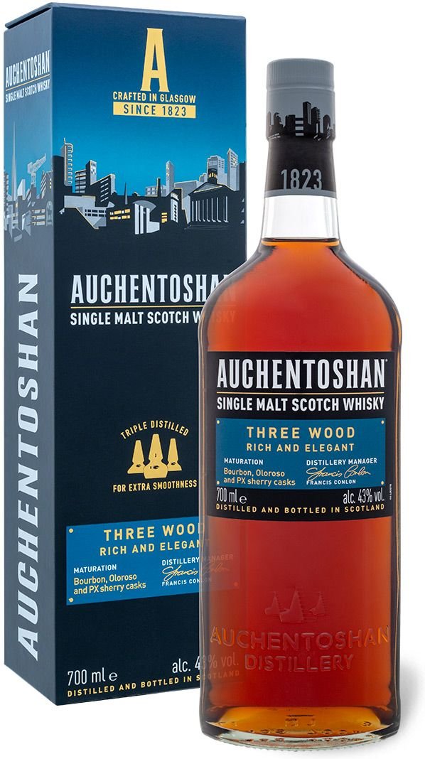 AUCHENTOSHAN Three Wood Single Malt Scotch Whisky mit Geschenkbox 43% Vol