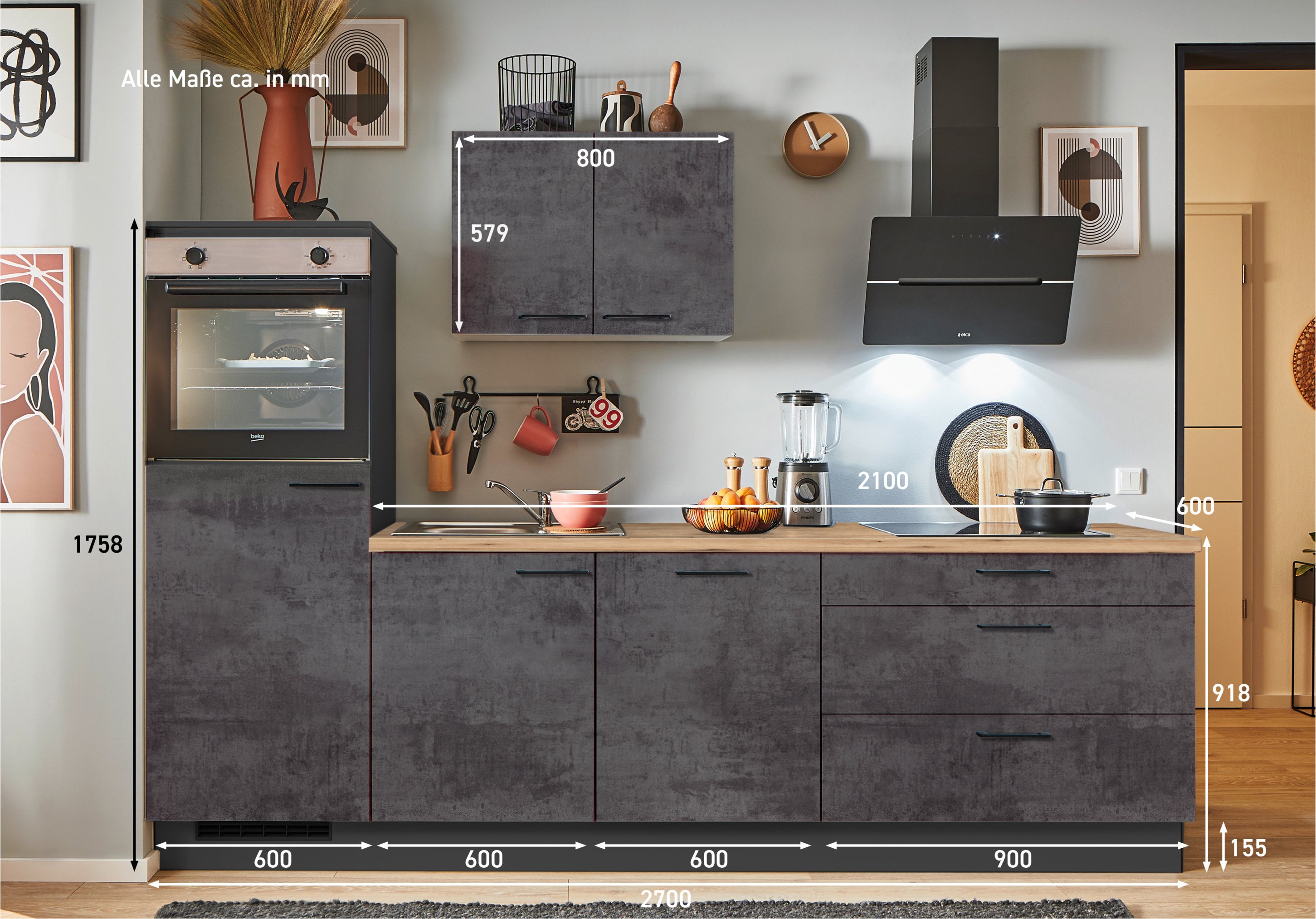 pino Küchen Küchenzeile, 270/280 cm, mit Elektrogeräten (Anschlag links, Beton Grafitgrau, 270 cm)