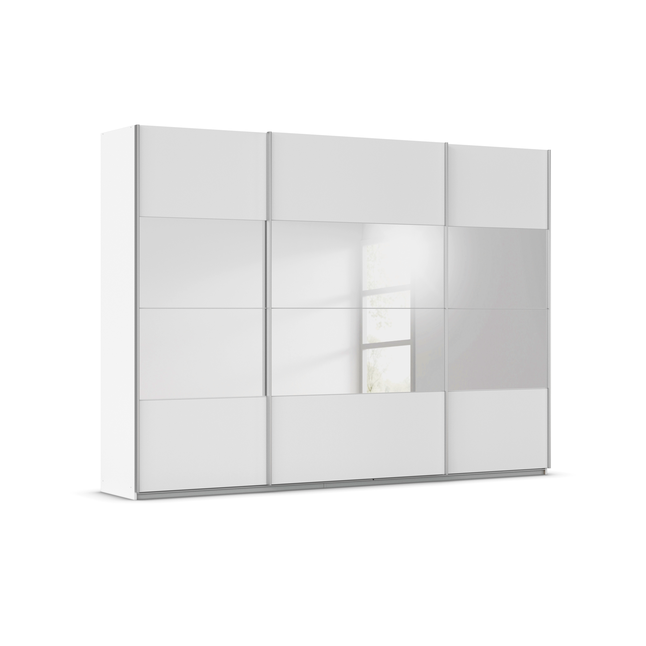 rauch ORANGE Quadra Schwebetürenschrank mit Spiegelelementen (Premium-Zubehör, Korpus Weiß, 315 x 230 cm)