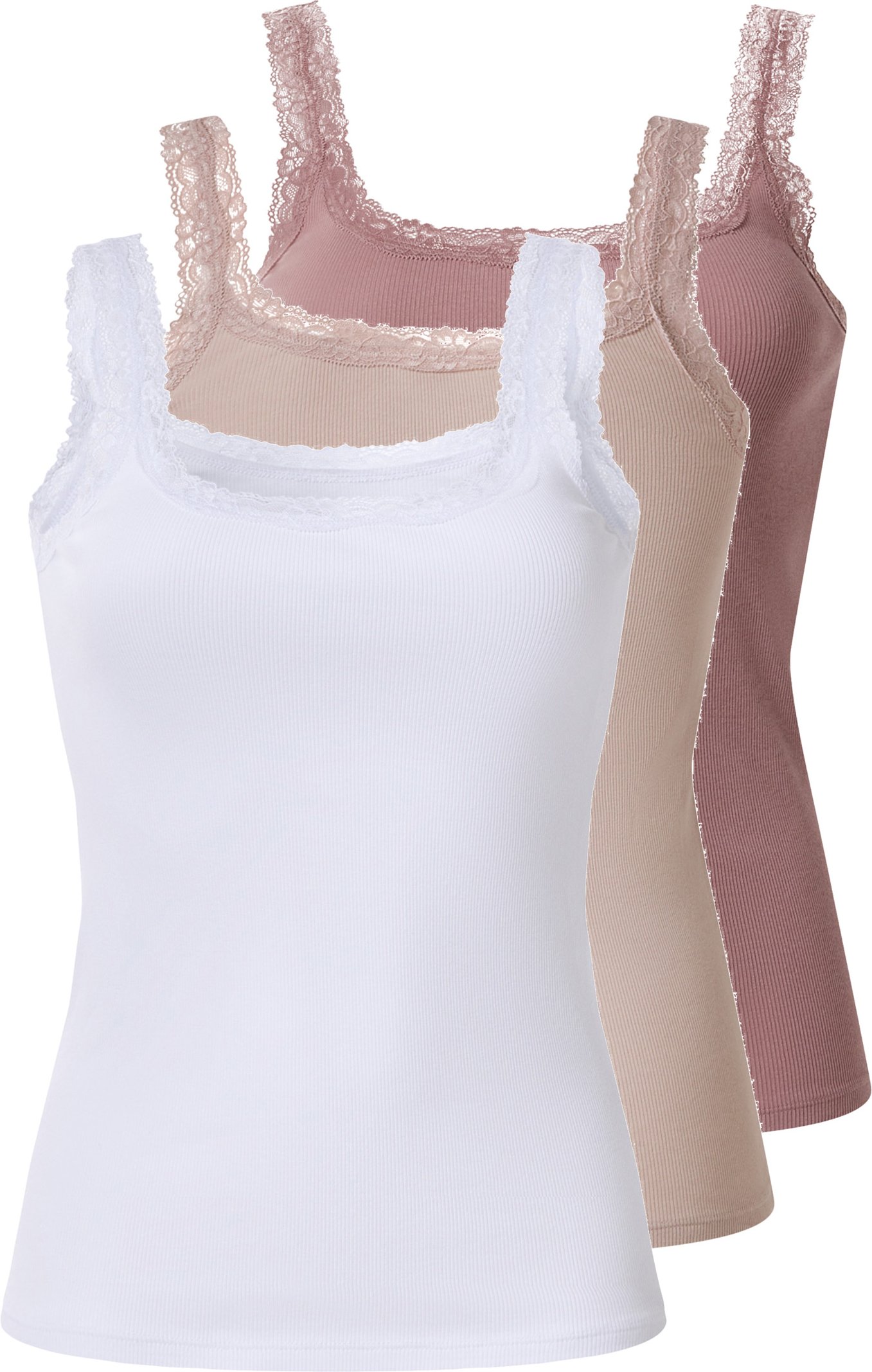 esmara® Damen Top Rippe mit Spitze 3 Stück (dunkelrosa/hellrosa/weiß, XS(32/34))