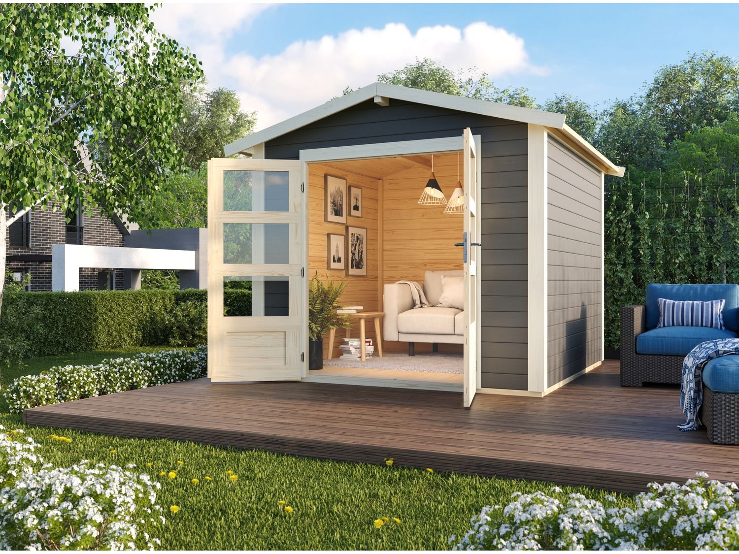 Karibu Carlos Satteldach Gartenhaus (inkl. Boden und Schindeln, terragrau, B 244 x H 230 x T 244)