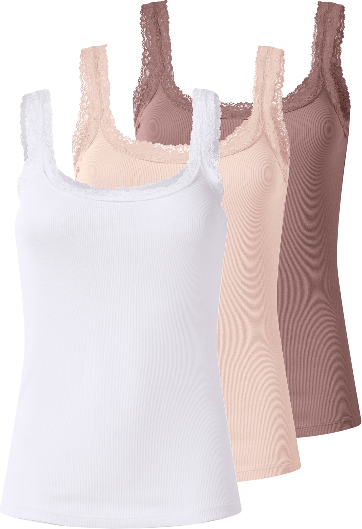 esmara® Damen Gerippte Tops mit Spitze, 3 Stück (Pink/Weiß, XL(48/50))
