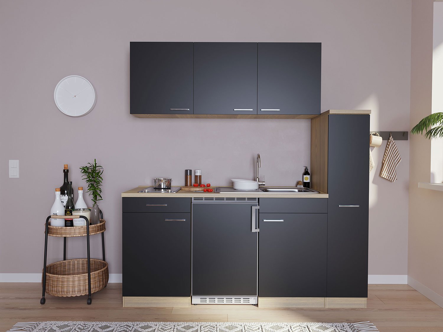 Respekta Singleküche Eiche Sonoma Sägerau 150/160/180cm (ohne Mikrowelle, schwarz / Glaskeramikkochfeld, Breite 180cm)