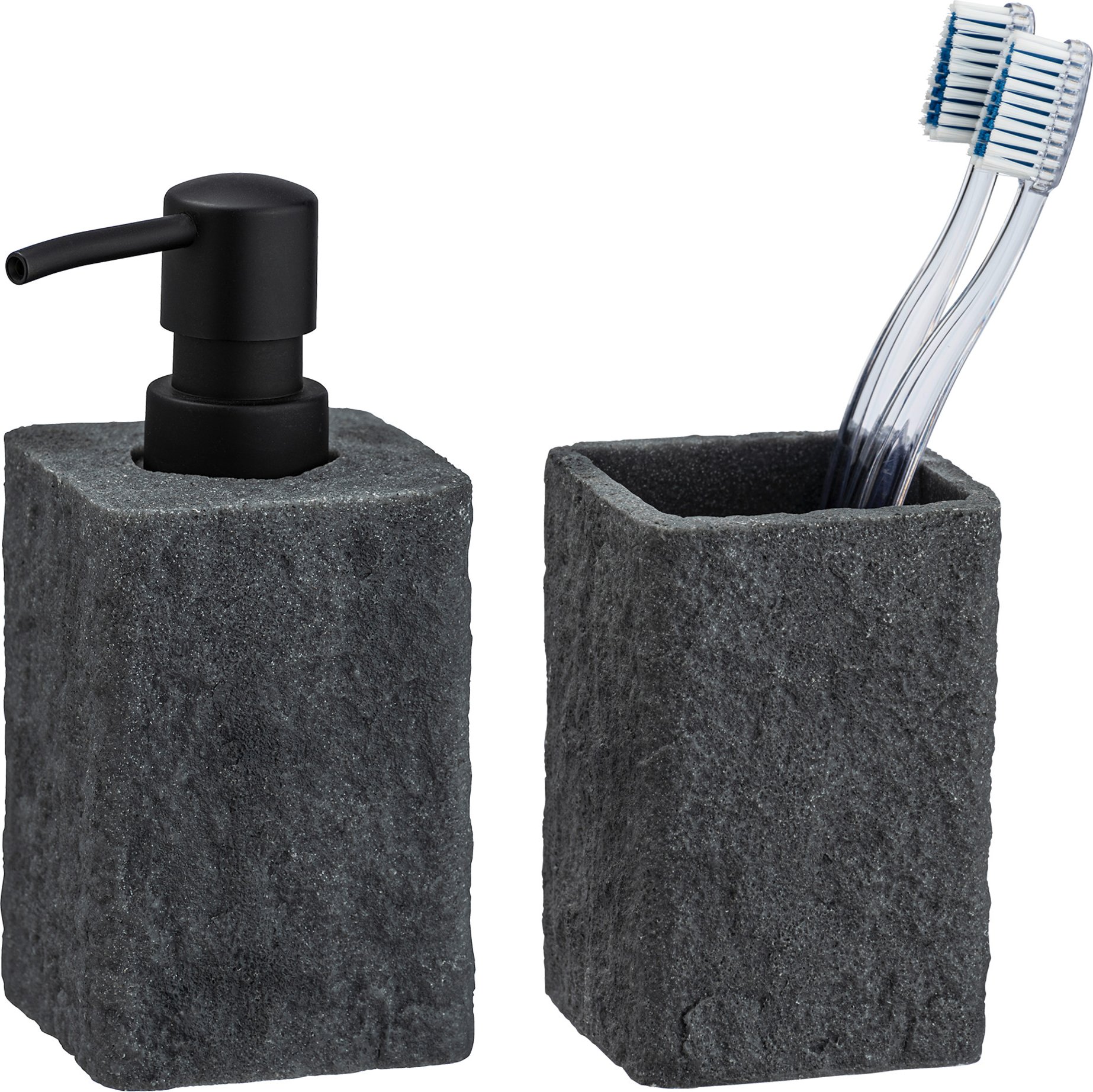 Wenko Seifenspender und Zahnputzbecher Villata, Grau, 2-teiliges Set