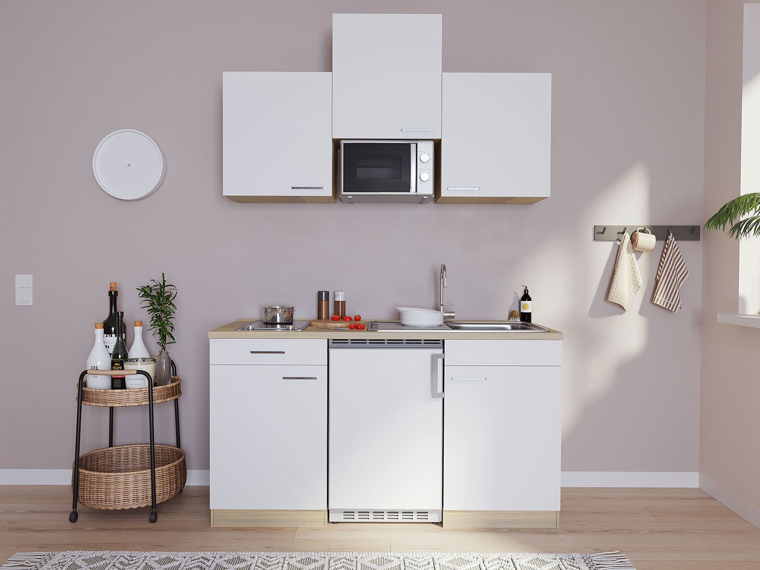 Respekta Singleküche Eiche Sonoma Sägerau 150/160/180cm (mit Mikrowelle, weiß mit Glaskeramikkochfeld, Breite 150cm)