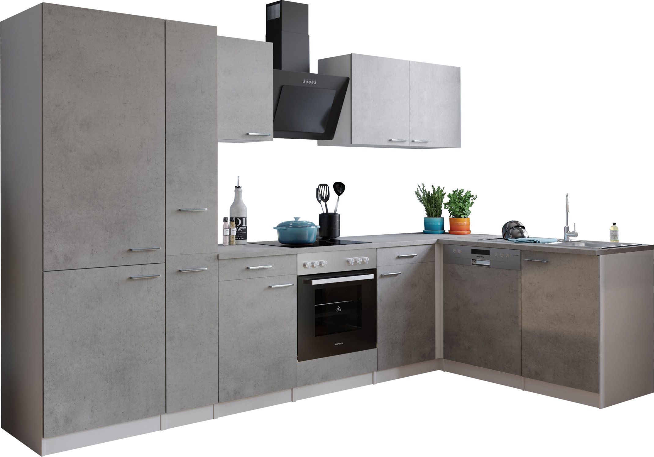 Respekta Malia Winkelküche (GlaskerKochf., KühlKombi, GSP, Beton, 310 x 172 cm)